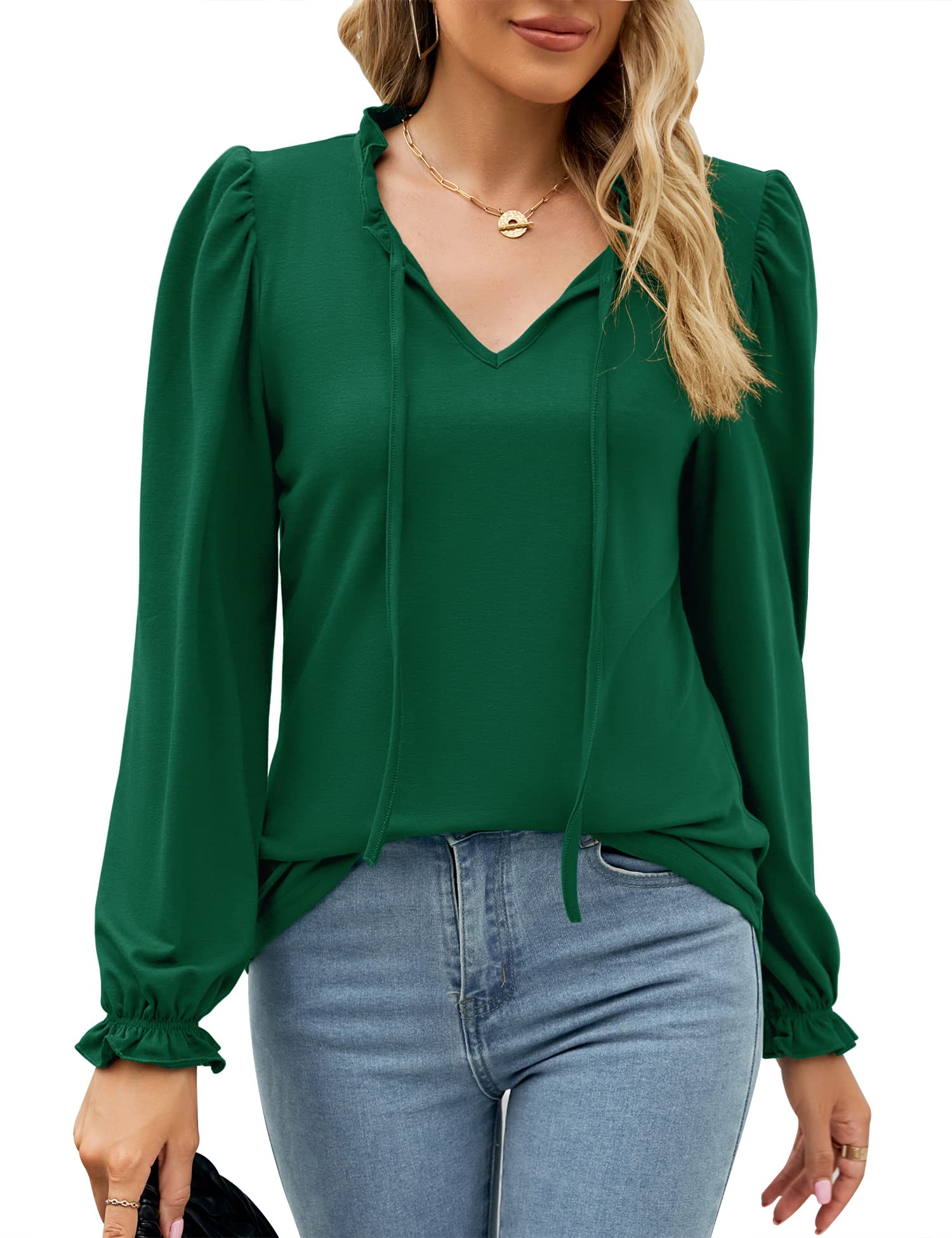 Ivicoer Women's Casual V-Neck Long Sleeve Blouse with Drawstring Puff Sleeves - Fall Tunic Top for Work, Date Night & Everyday Wear