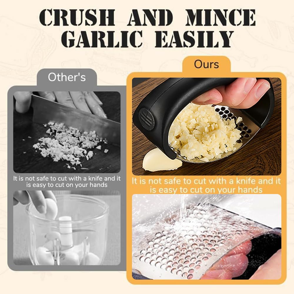 2024 New 304 Stainless Steel Garlic Press & Peeler Set - Easy to Clean Garlic Rocker Crusher with Silicone Tube Roller - Perfect for Cooking, Baking & Meal Prep (Black)