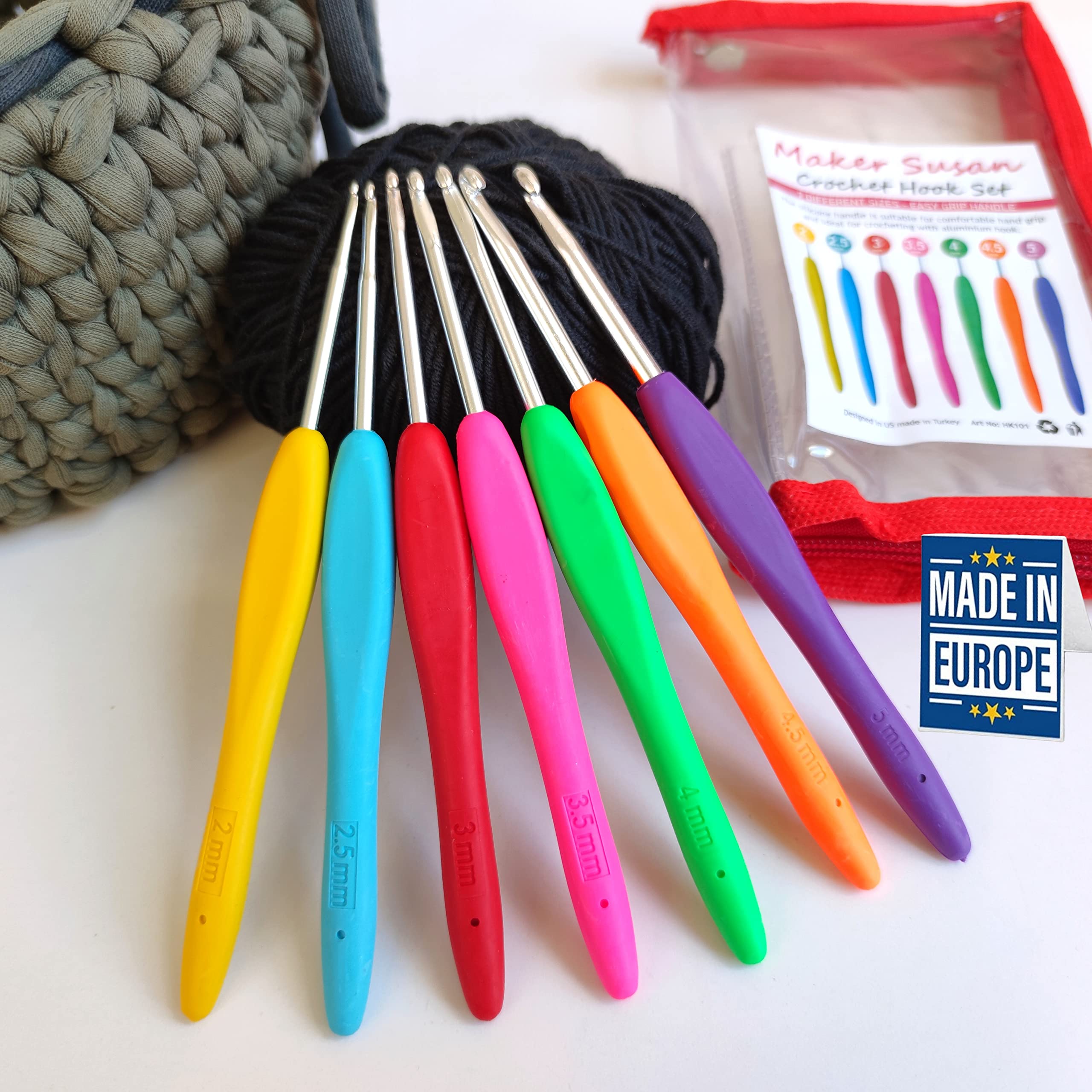 7 Size Ergonomic Crochet Hook Set (2mm-5mm) with Transparent Case - Extra Long Comfortable Knitting Needles for Beginners & Arthritic Hands - Perfect for DIY Yarn Crafts, Amigurumi, and Home Decor Projects