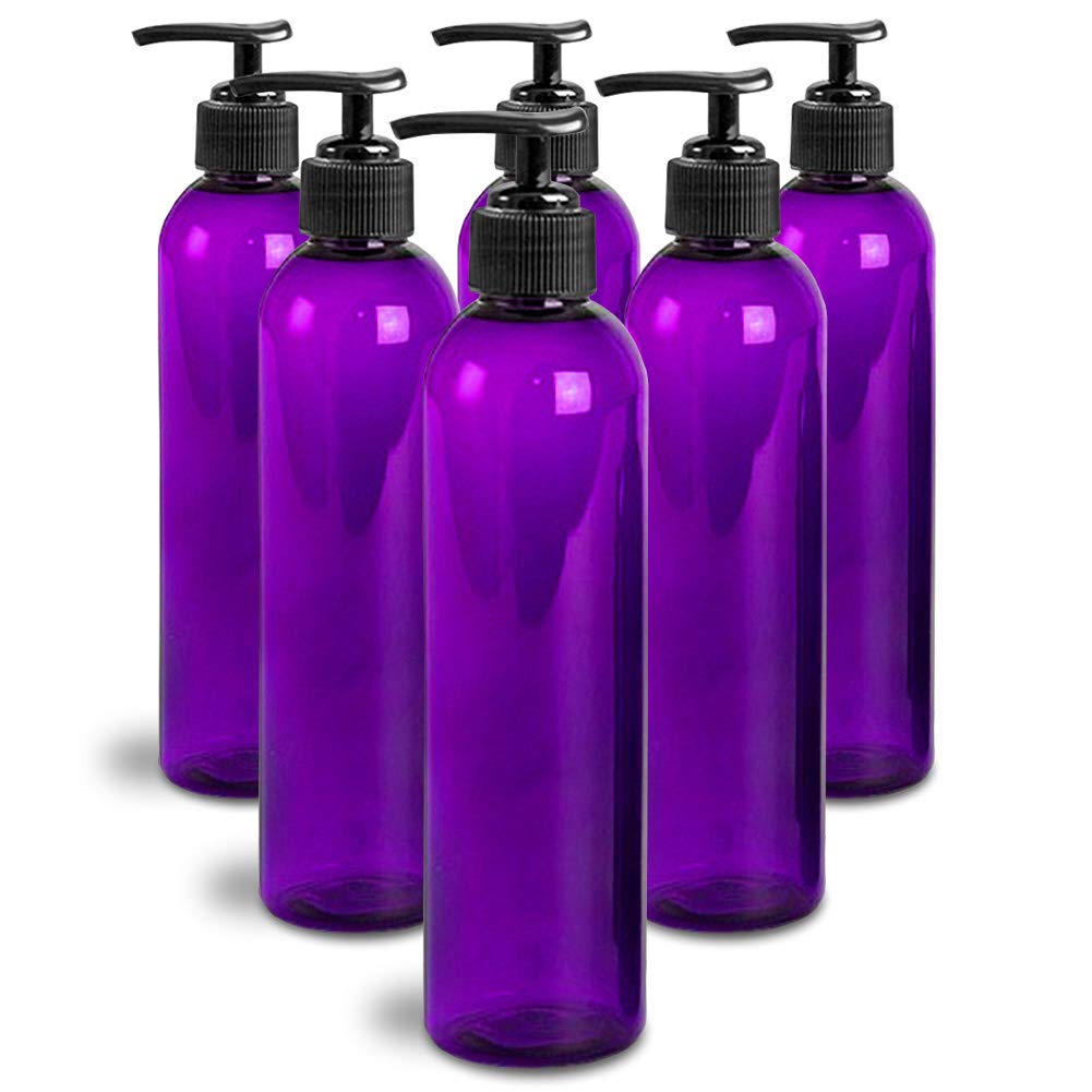 8oz Bullet Round Massage Oil Bottle with Saddle Pump - 6 Pack Purple - Perfect for Spa, Massage Therapy & Relaxation at Home