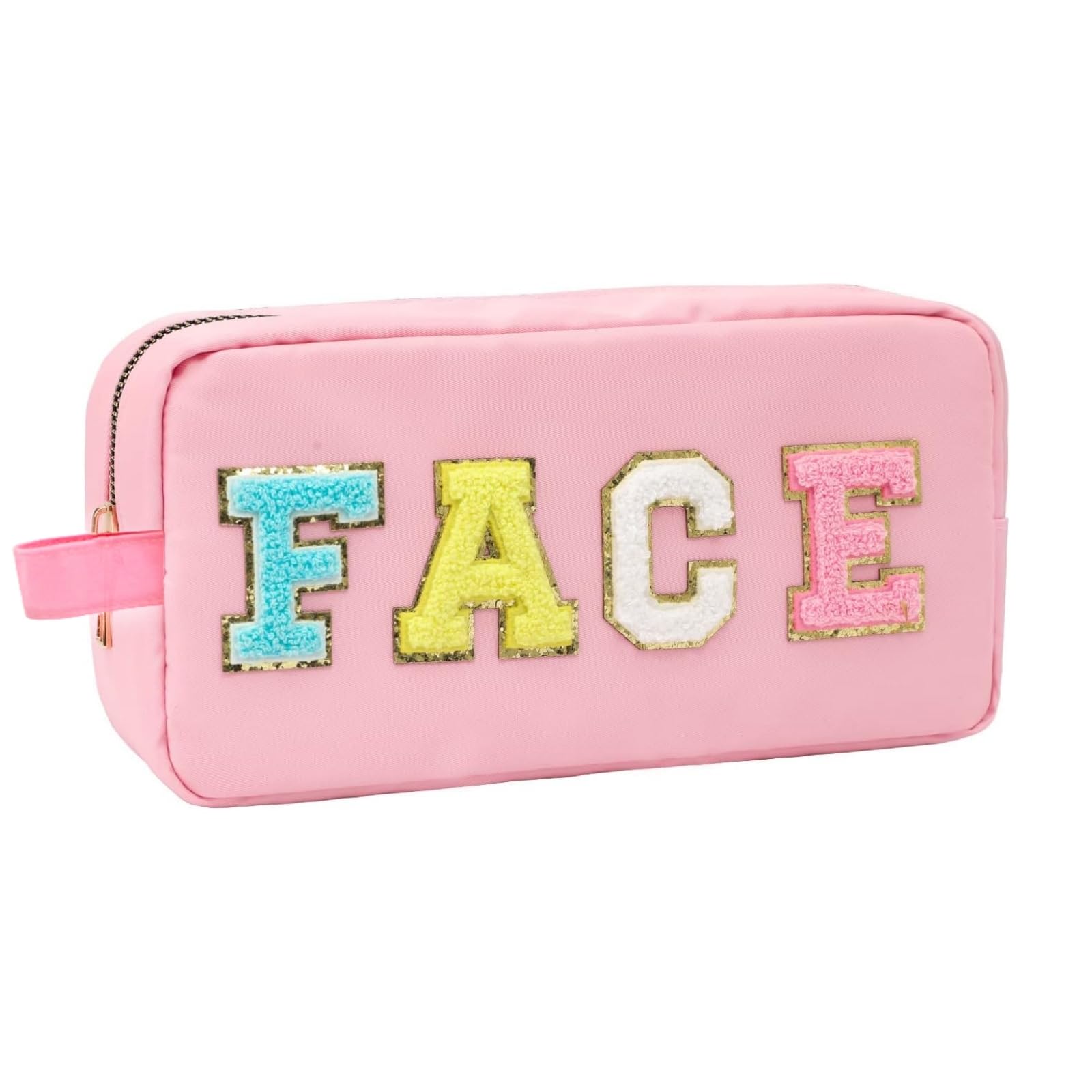 Xummero Stoney Clover Makeup Bag - Large Nylon Cosmetic Travel Organizer with Chenille Letters & Preppy Patch - Pink Aesthetic Makeup Pouch for Girls, Teens & Women | Perfect for Travel, Gym, School & Daily Essentials Storage