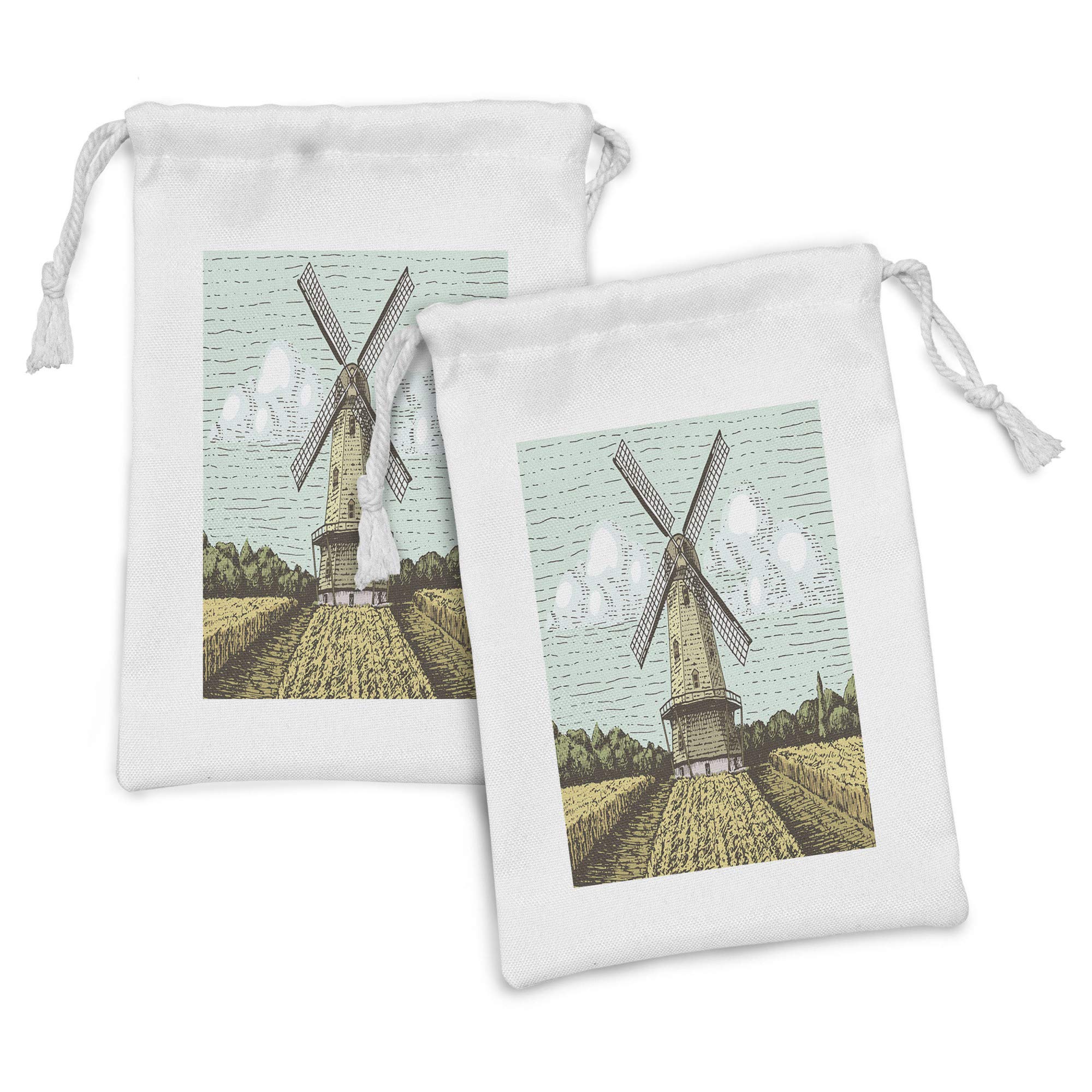 Ambesonne Dutch Windmill Fabric Pouch Set of 2 - Vintage Farmland & Forest Themed Drawstring Bags (9