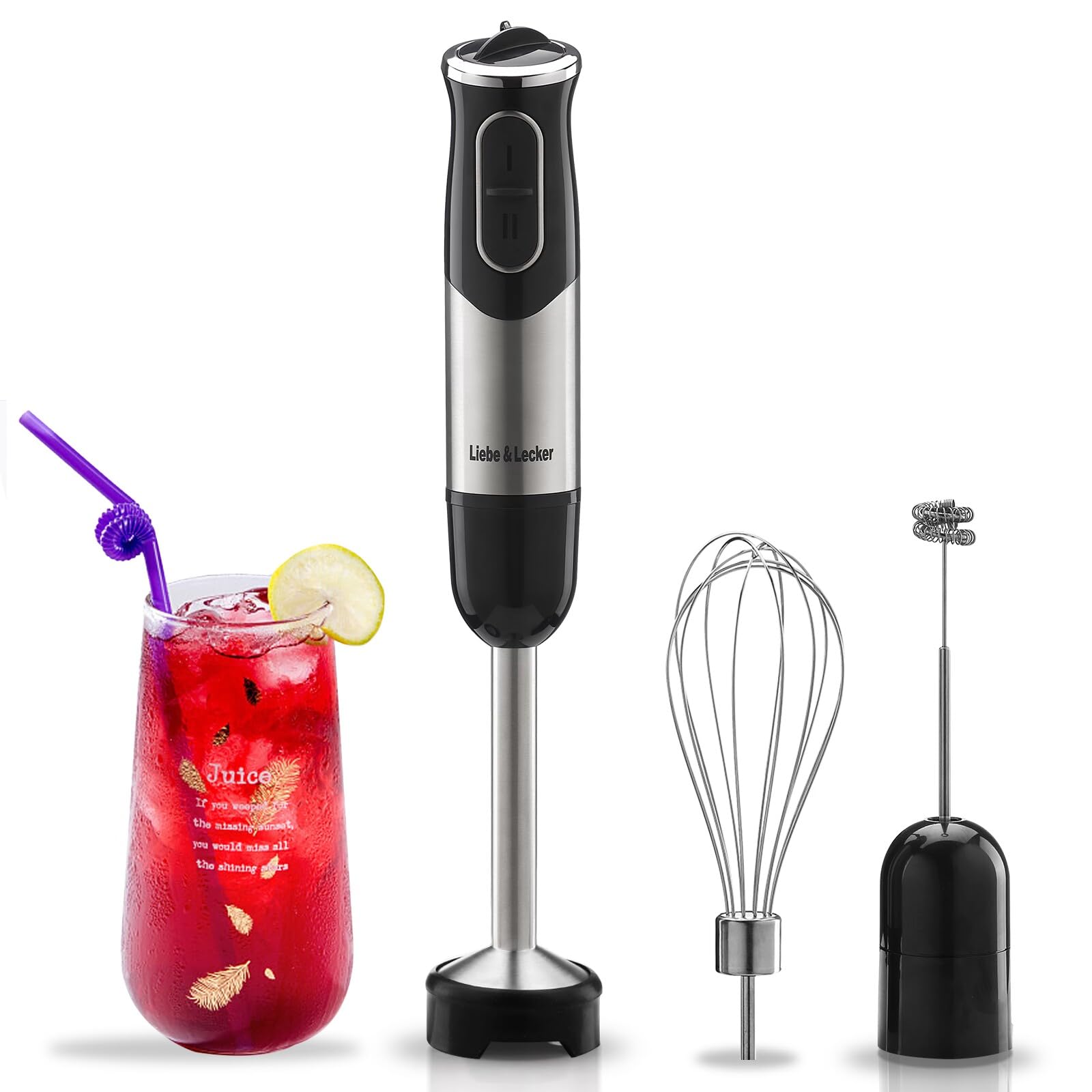 Liebe&Lecker 500W Immersion Blender - 9-Speed Electric Hand Blender with Turbo Mode, Stainless Steel Blades, Whisk & Milk Frother Attachments - Perfect for Baby Food, Smoothies, Soups, Baking & Kitchen Prep - Portable Stick Blender for Home & Professional Use