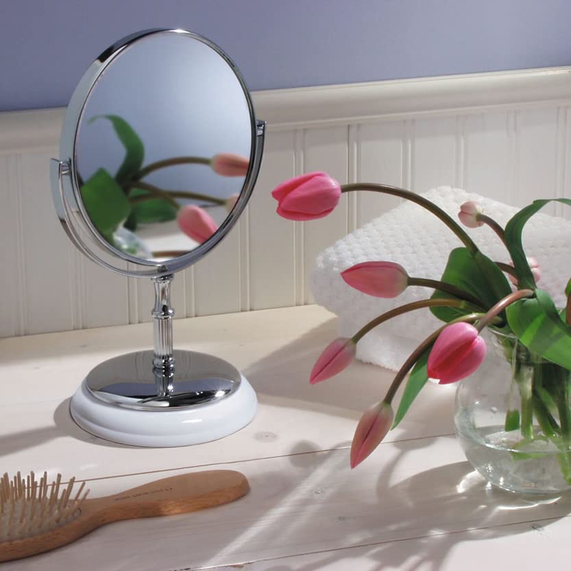 InterDesign® White & Chrome Dual Magnifying Vanity Mirror - 10X/1X Magnification for Makeup, Skincare & Grooming | Perfect for Bathroom, Dressing Table & Travel