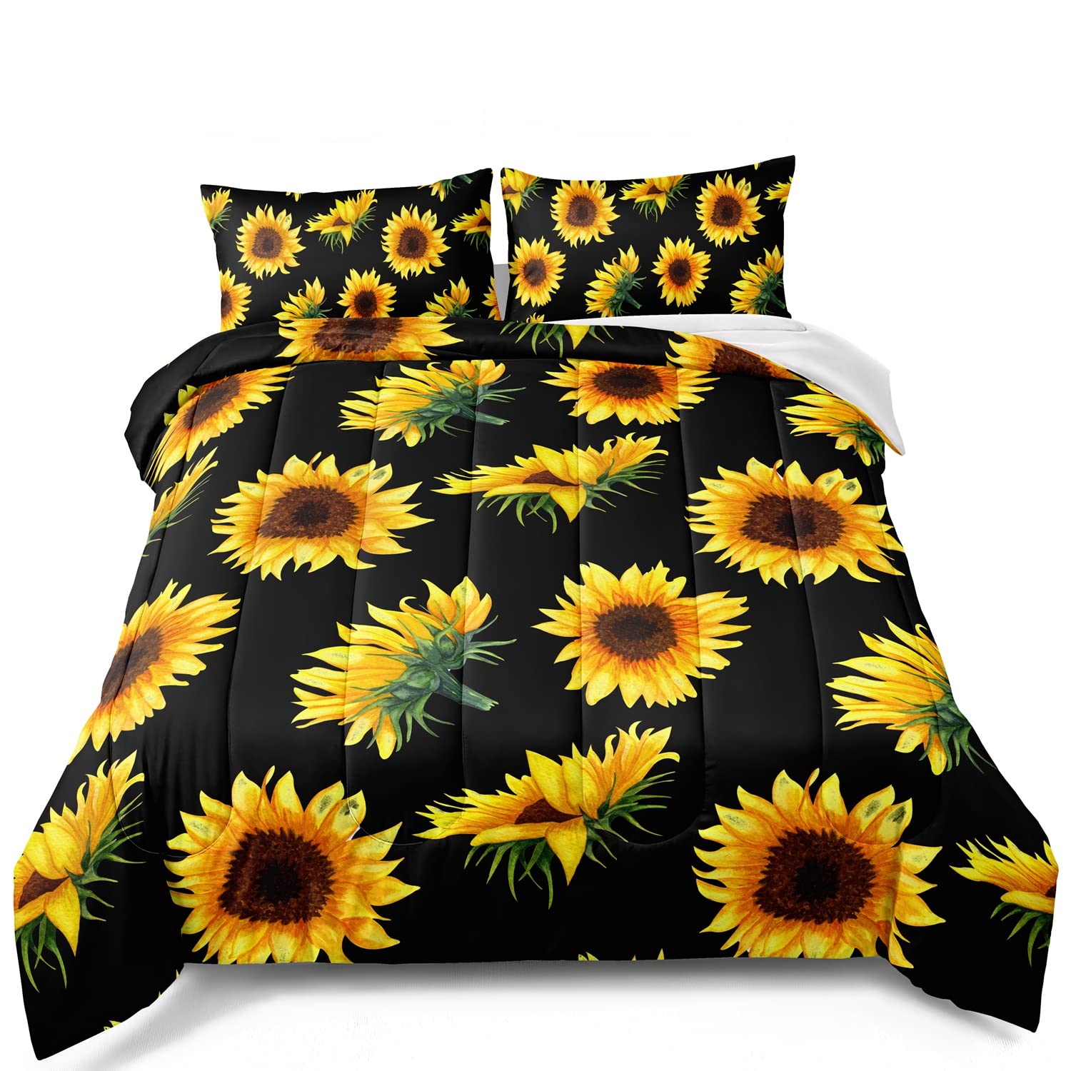 BDUCOK Black Sunflower Comforter Set - Yellow Floral Bedding with Sunflower Pattern, Microfiber Botanical Print Comforter for Girls, Teens & Kids - Full Size Set Includes 1 Comforter & 2 Pillowcases - Perfect for Bedroom Decor, Dorm Room Essentials & Cozy Sleep