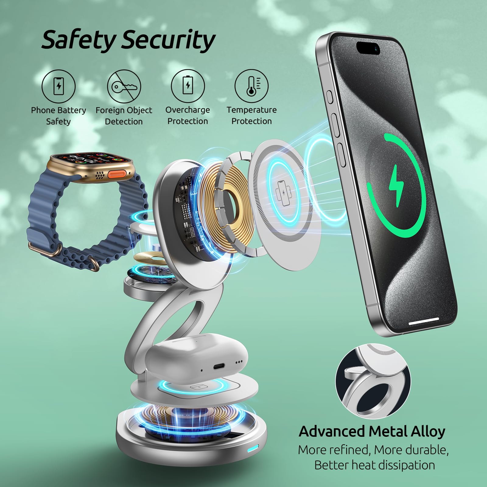 3-in-1 Magnetic Wireless Charging Station for iPhone 15/14/13/12 Pro Max & Apple Watch & AirPods - Foldable Travel Charger Dock with Rotating Stand | Perfect for Home, Office & Car Use