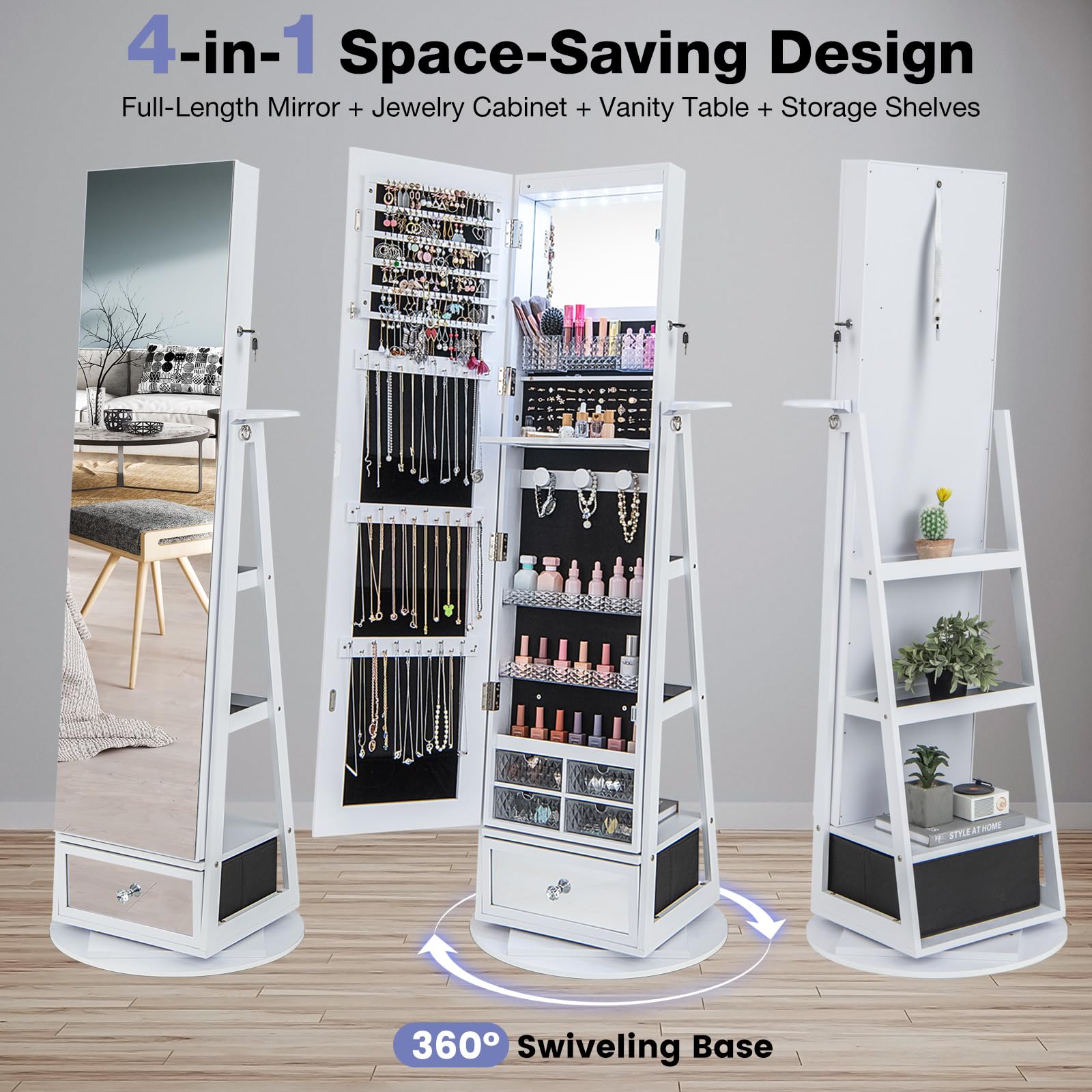 CHARMAID 360° Swivel Jewelry Cabinet Armoire with Full Length Mirror - 64.5