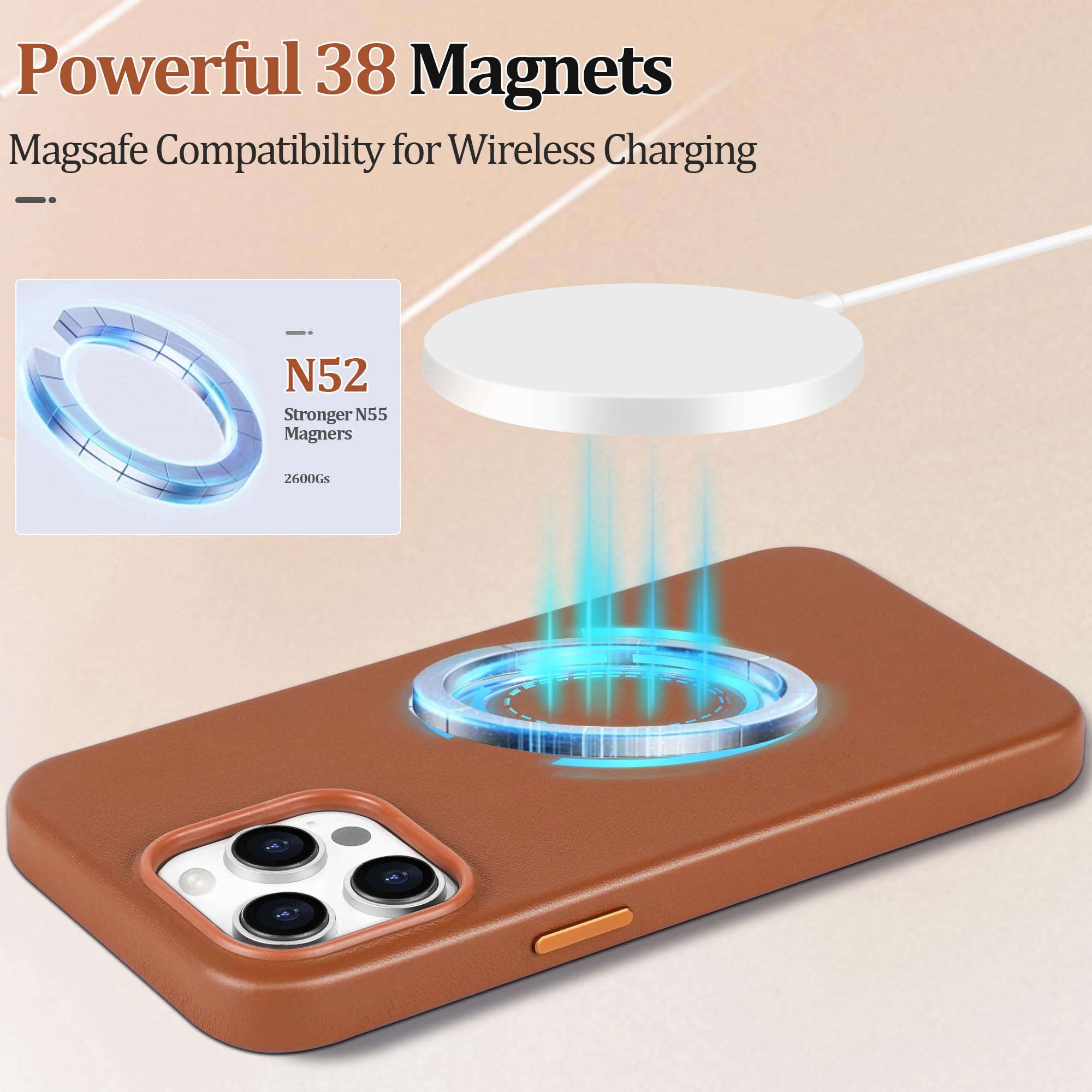 Premium Genuine Leather Case for Apple iPhone 15 Pro Max - Magnetic Charging, Shockproof Slim Design, Built-in Strong Magnets, Scratch-Resistant Microfiber Lining (Brown) - Perfect for Work, Travel & Everyday Protection