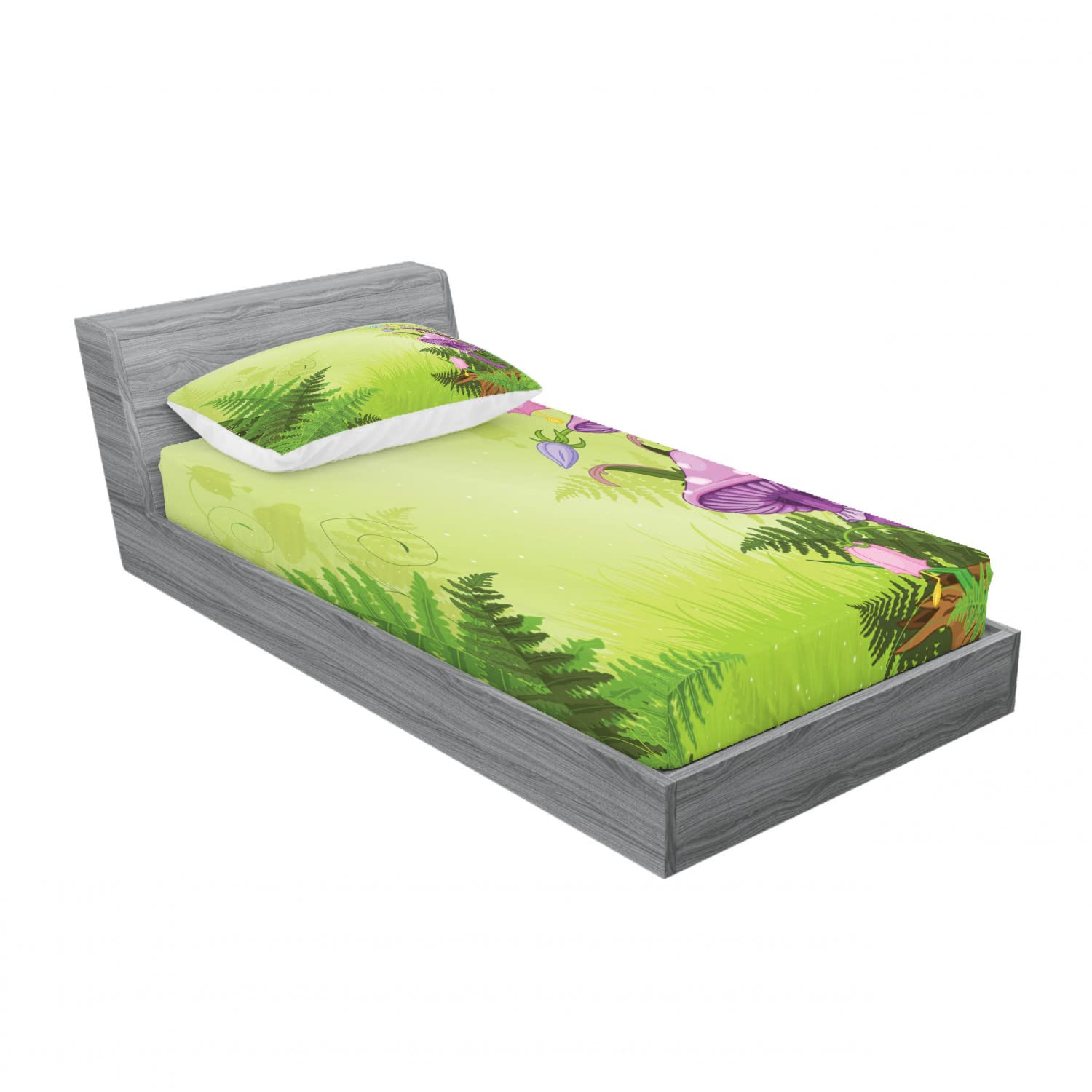 Ambesonne 2-Pack Twin Size Fitted Sheets & Pillow Sham Set - Mushroom Flower Magic Design, Green & Purple 4-Piece Bedding Set for Kids Room, Guest Bed, Dorm Decor (2 Fitted Sheets + 2 Pillow Covers) - Perfect for Cozy Bedrooms, Themed Rooms & Gift Giving