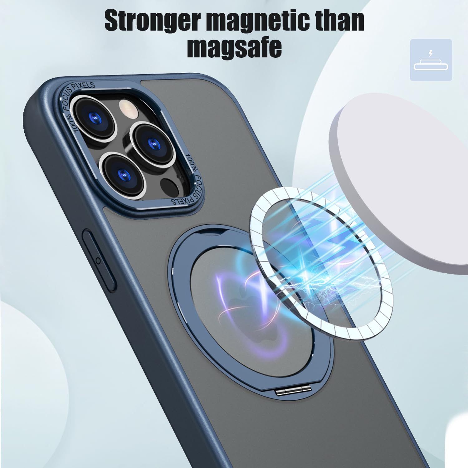 **Shockproof iPhone 13 Pro Max Case with MagSafe Compatibility, Built-in Stand & Rotating Ring Holder – MIL-Grade Dual Layer Protection, Matte Hard Back Cover – Perfect for Work, Travel & Daily Use (Blue)**