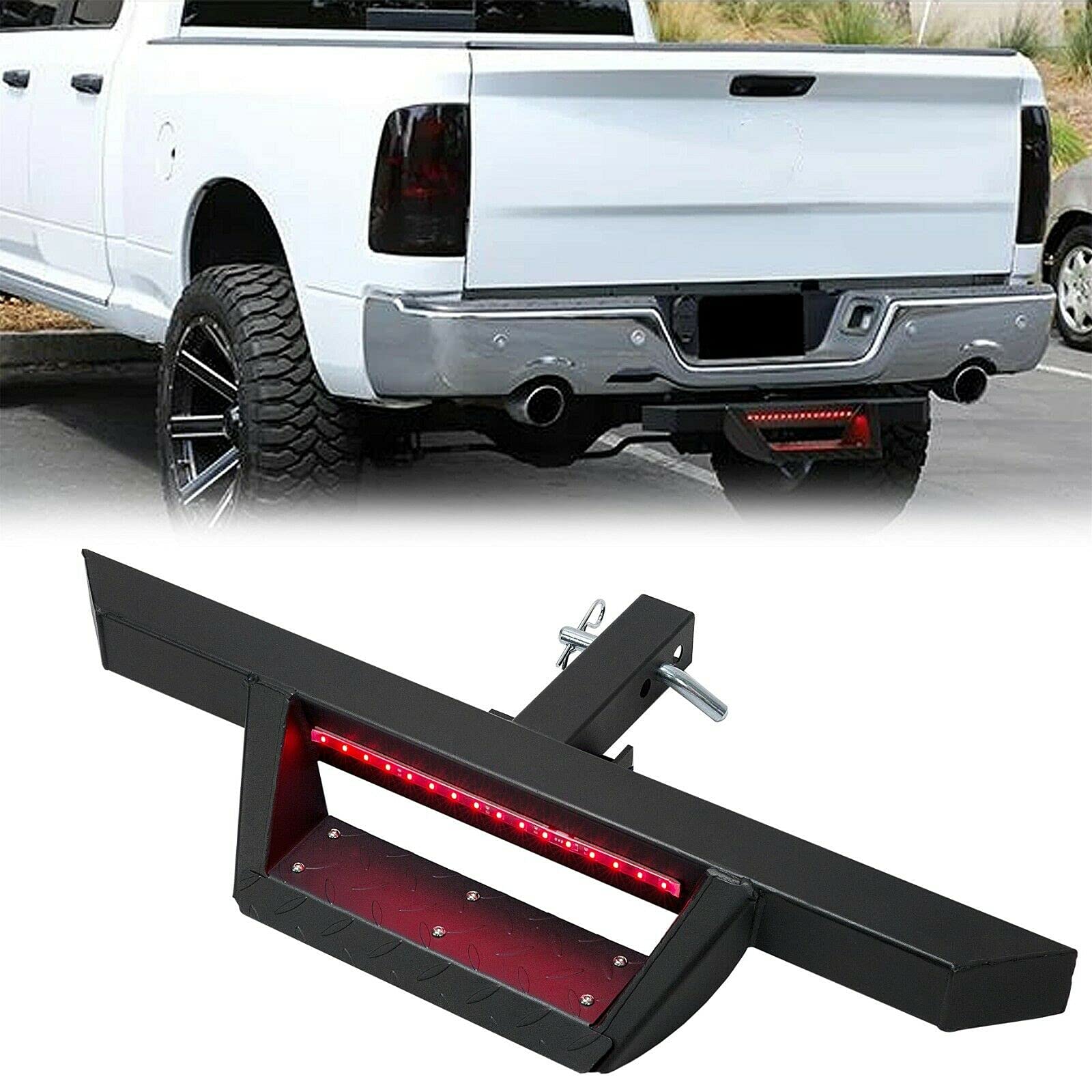 XEMRVGU 2 Inch Black Tow Trailer Receiver Hitch Step Bar with LED Brake Light - Heavy Duty Bumper Guard for Trucks, SUVs & Jeeps - Perfect for Off-Roading, Towing & Parking Protection