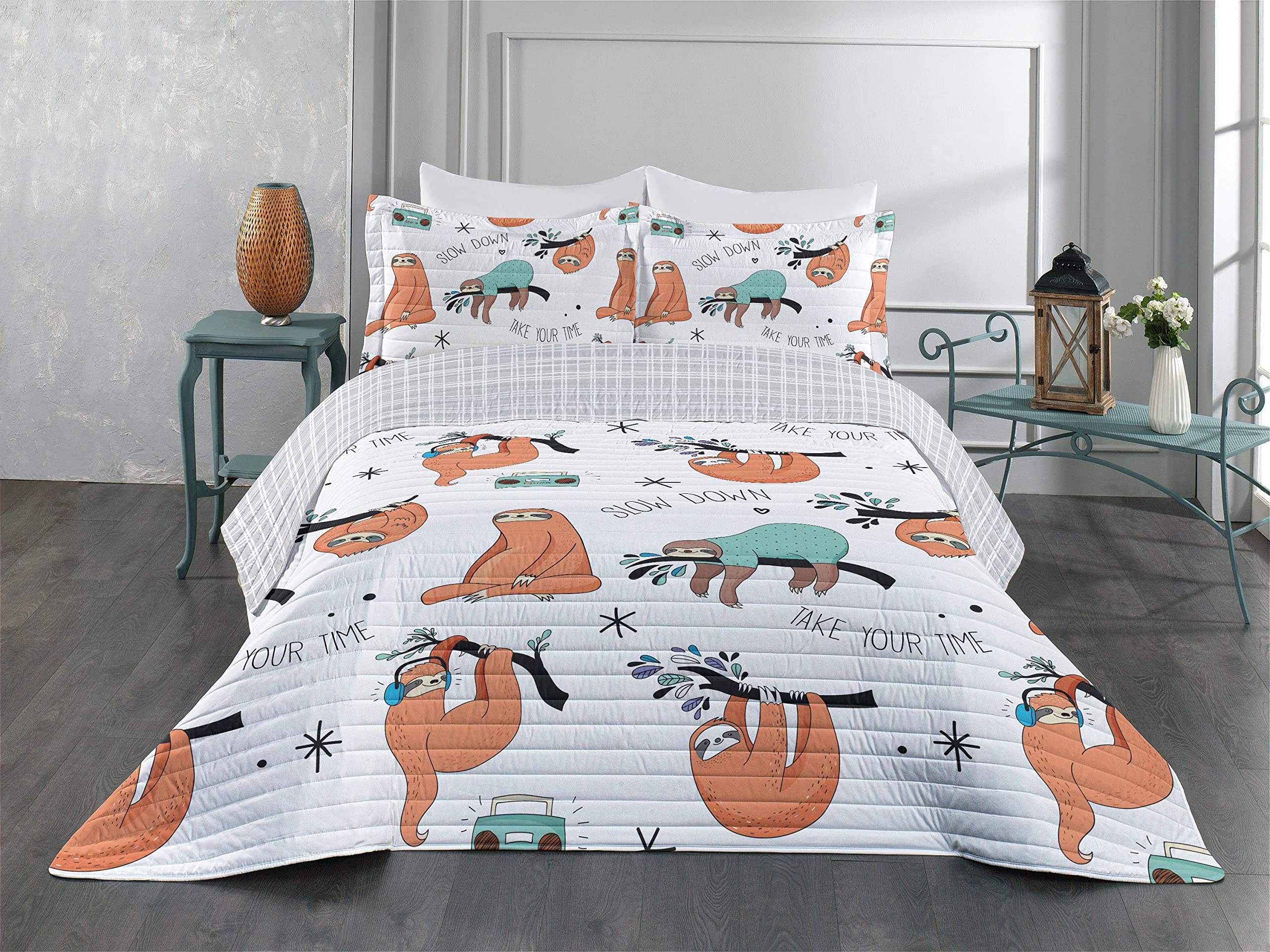 Ambesonne Sloth Reversible King Size Bedspread Set - Hand Drawn Sloths on Branches Design with Fun Laziness Mood Words - Microfiber Comforter & Pillow Shams in Pale Blue, Orange & Black - Perfect for Kids' Rooms, Dorm Decor or Cozy Bedroom Makeover