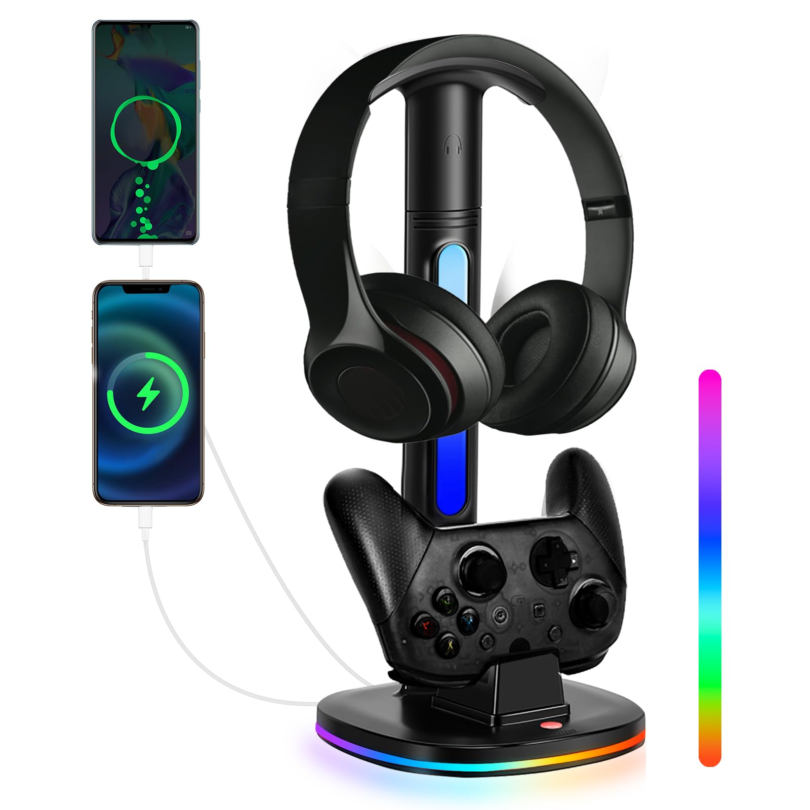 JDGPOKOO Switch Pro Controller Charger Dock with RGB Headphone Stand - Dual USB Charging Station for Nintendo Switch/OLED - Perfect for Gaming Setup & Headset Organization (Black)
