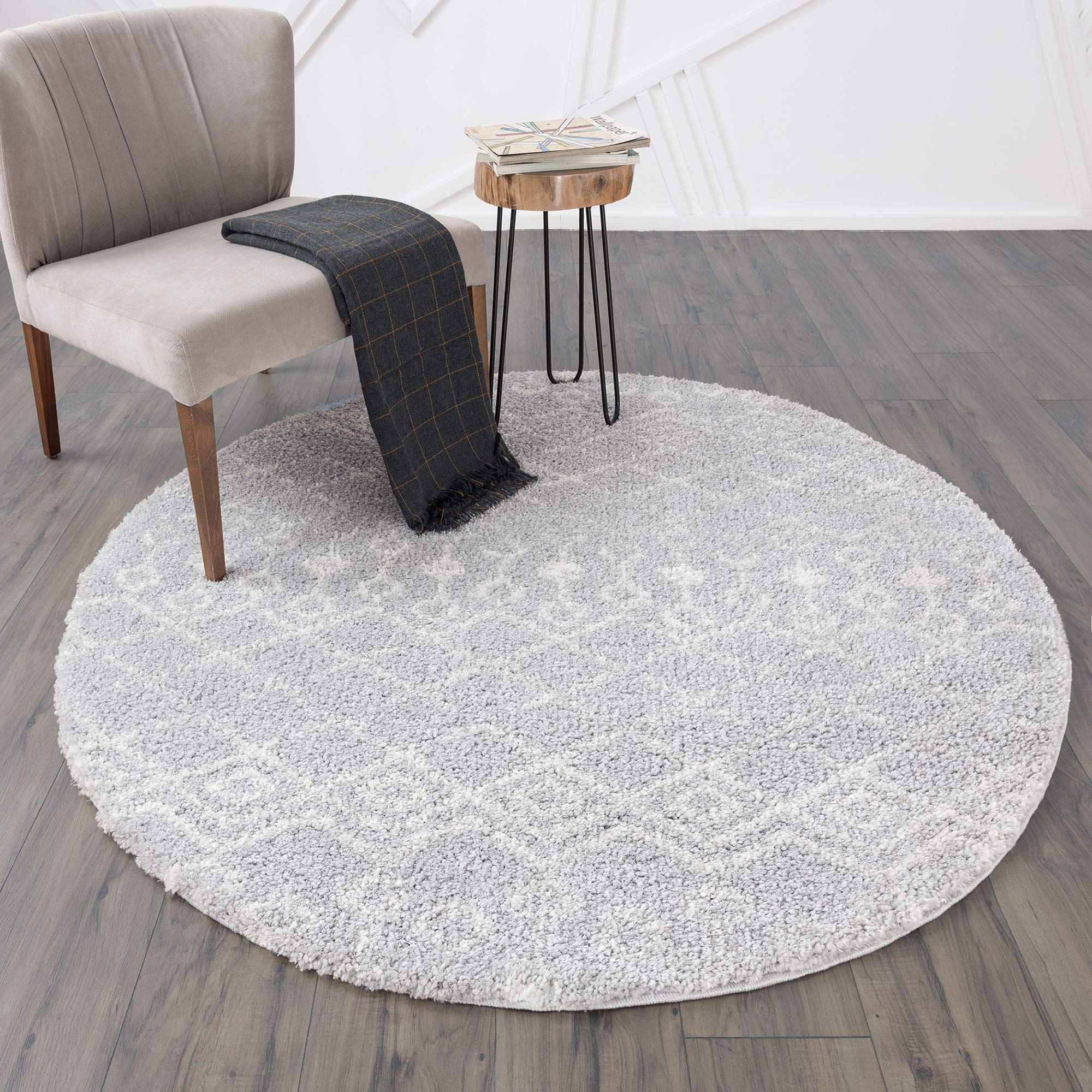 Tayse Washington Light Gray 8 Foot Shag Round Area Rug - Modern Geometric Design for Living Room, Bedroom & Dining Room - Soft Plush Carpet for Cozy Home Decor