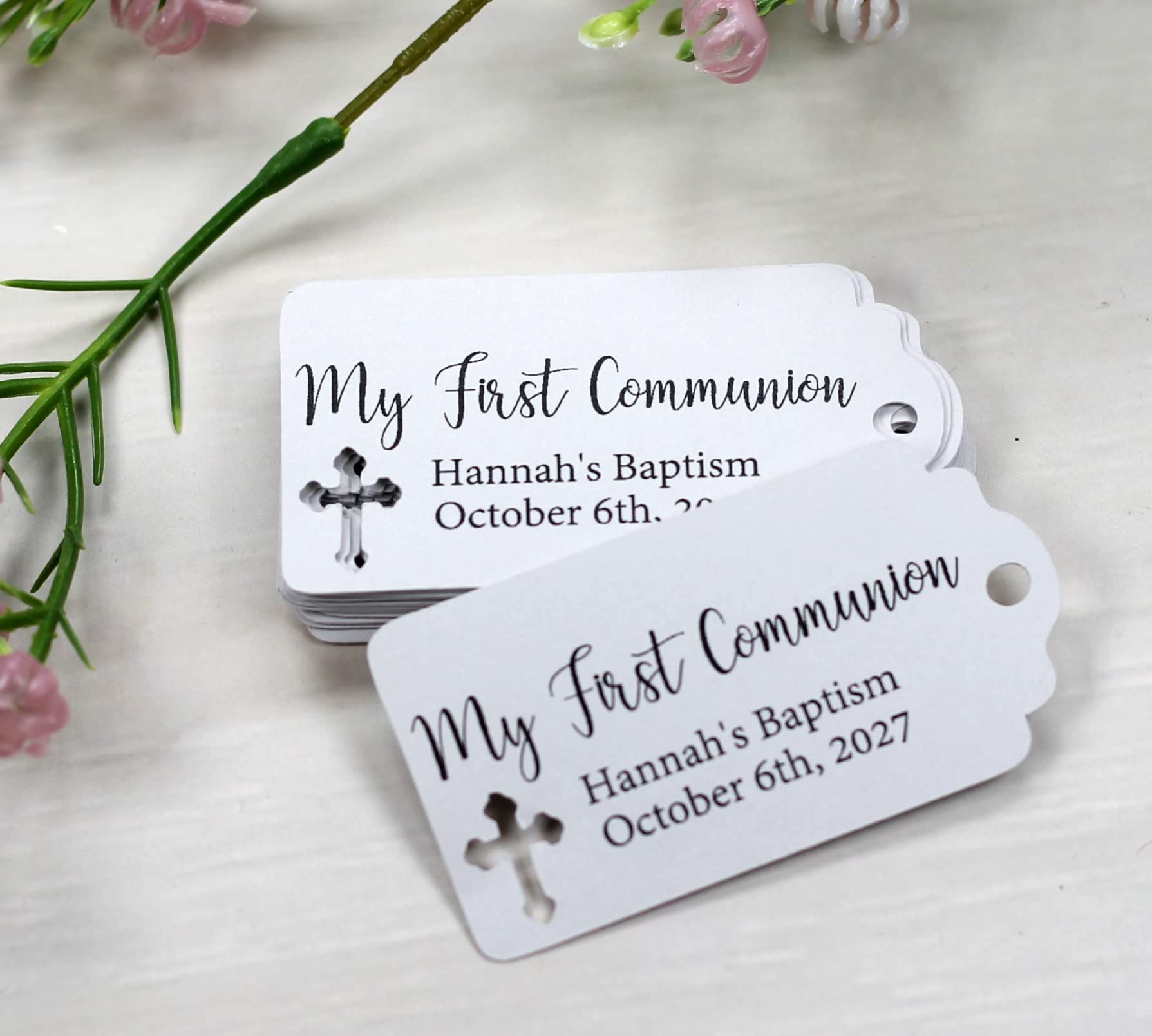 Personalized First Communion Favor Tags - 20 Pack White Gift Tags for Baptism, Christening & Religious Celebrations - Perfect for Party Favors, Thank You Gifts & Keepsakes