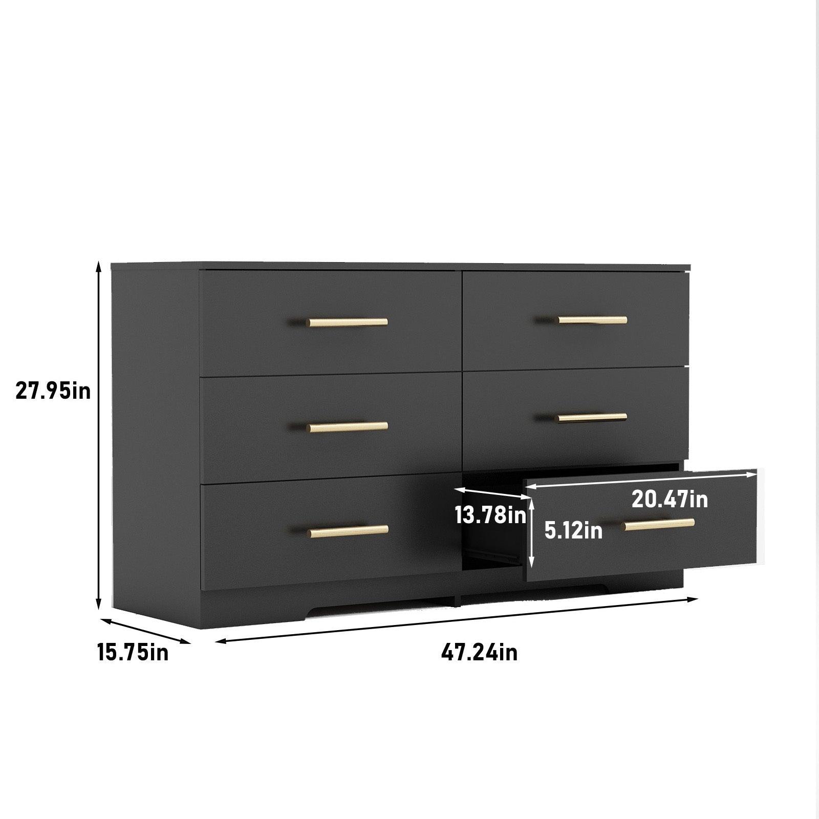 Black 6-Drawer Dresser with Golden Handles - Large Chest of Drawers for Bedroom, Living Room & Office Storage