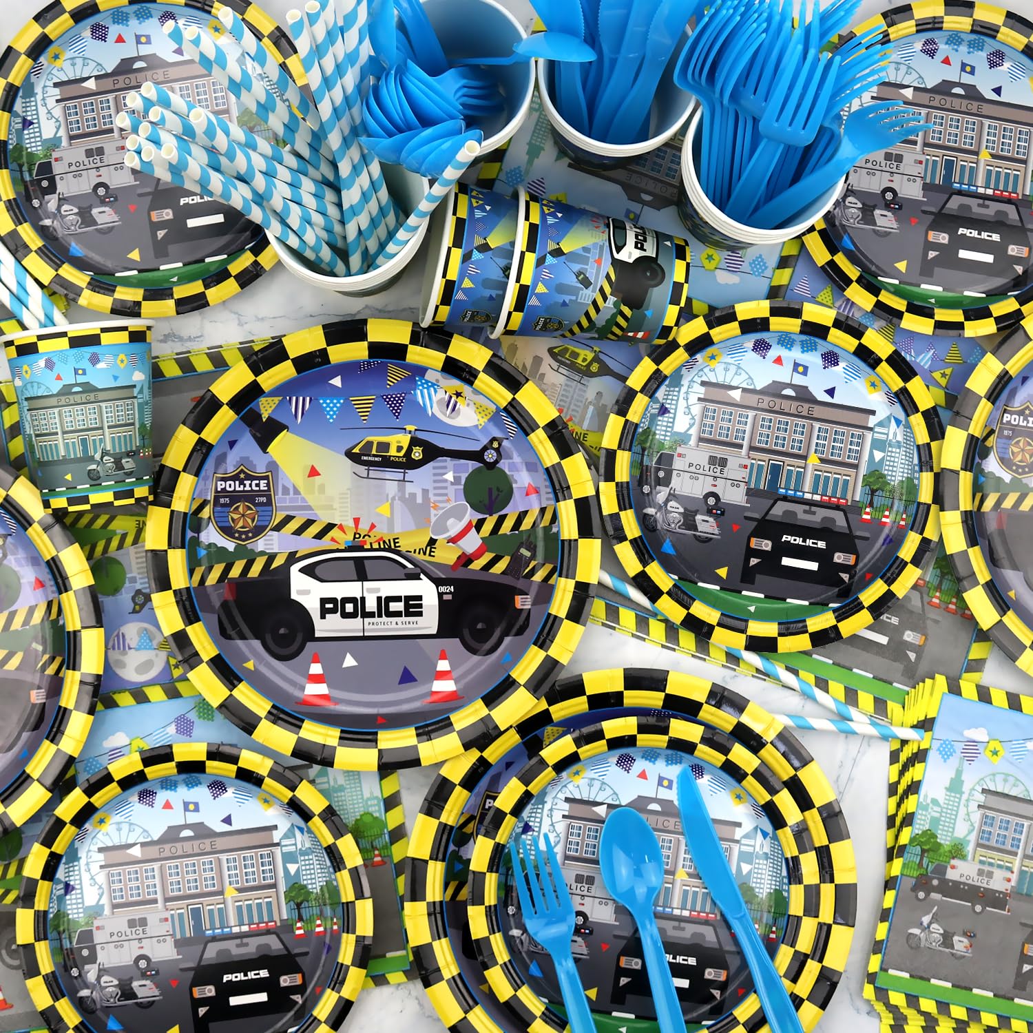 KEFAN Police Birthday Party Decorations Set - Includes Happy Birthday Backdrop, Plates, Cups, Napkins, Tablecloth & Balloons - Police Theme Party Supplies for Kids - Serves 20 Guests - Perfect for Police Officer Birthday Parties, Themed Events & Law Enforcement Celebrations
