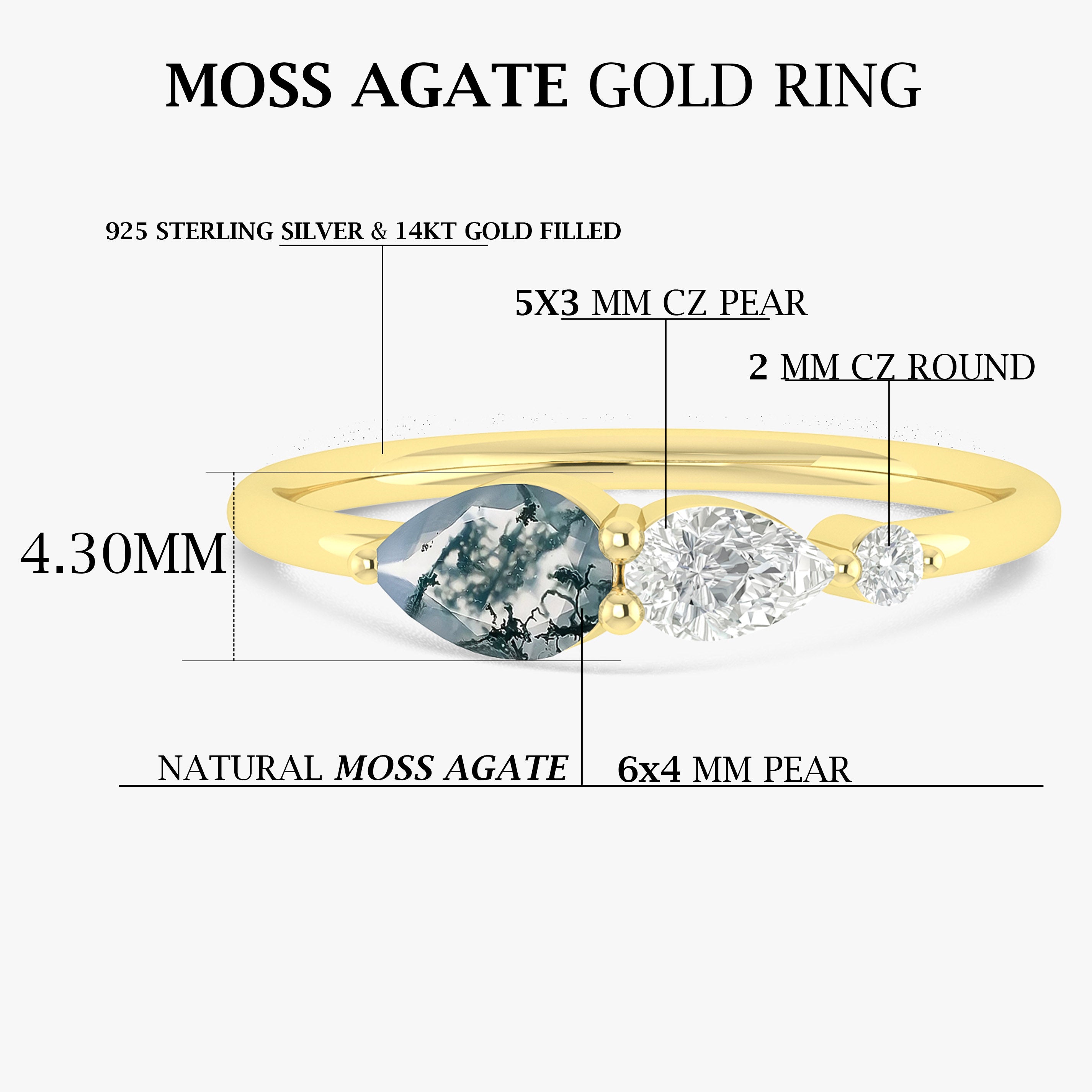 Genuine Moss Agate Pear Three Stone Ring - Elegant Nature-Inspired Jewelry for Women | Perfect for Weddings, Anniversaries & Special Occasions