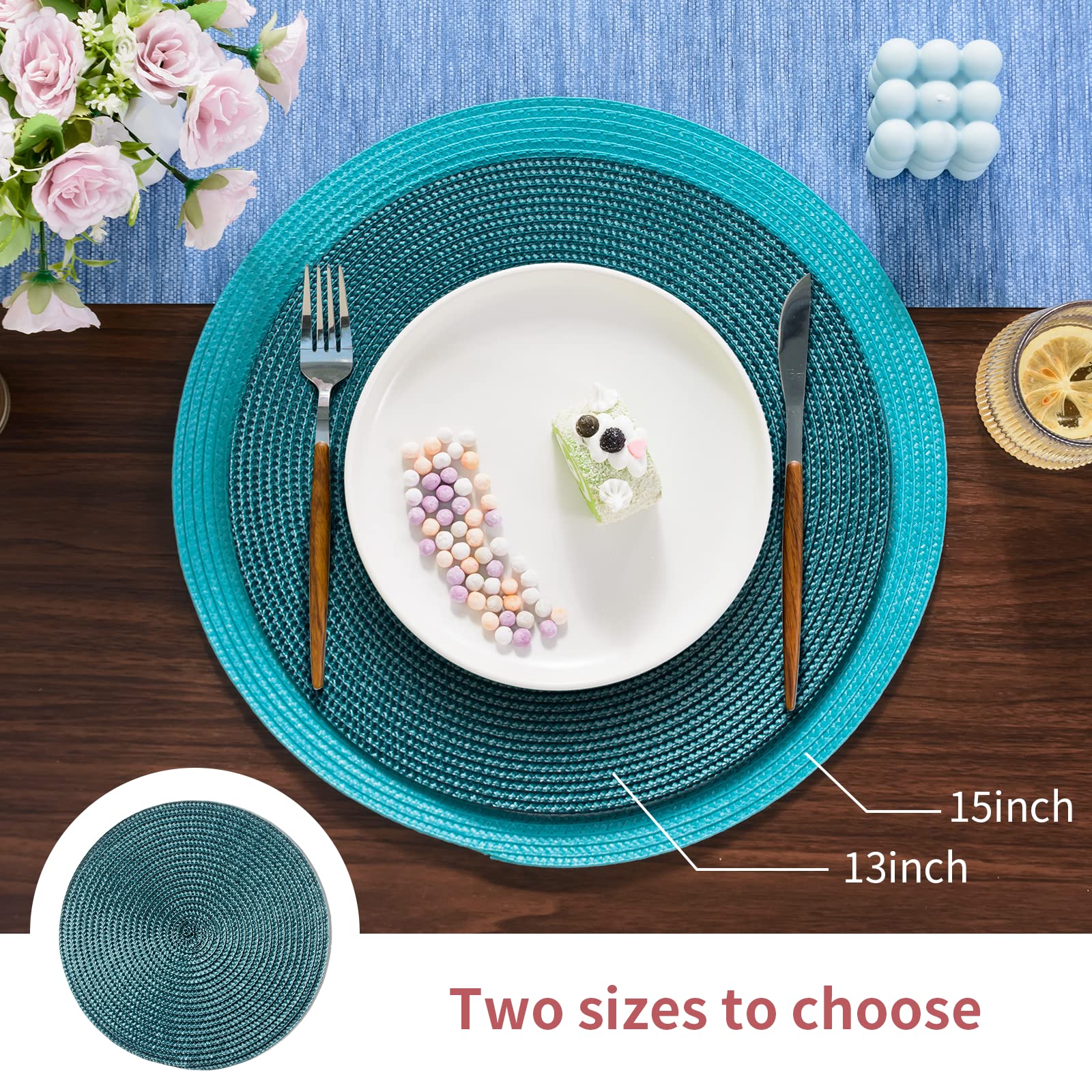 FunWheat Round Braided Placemats Set of 6 - Woven Washable Non-Slip Table Mats for Dining Tables (13 Inch, Teal) - Perfect for Everyday Meals, Dinner Parties & Home Decor