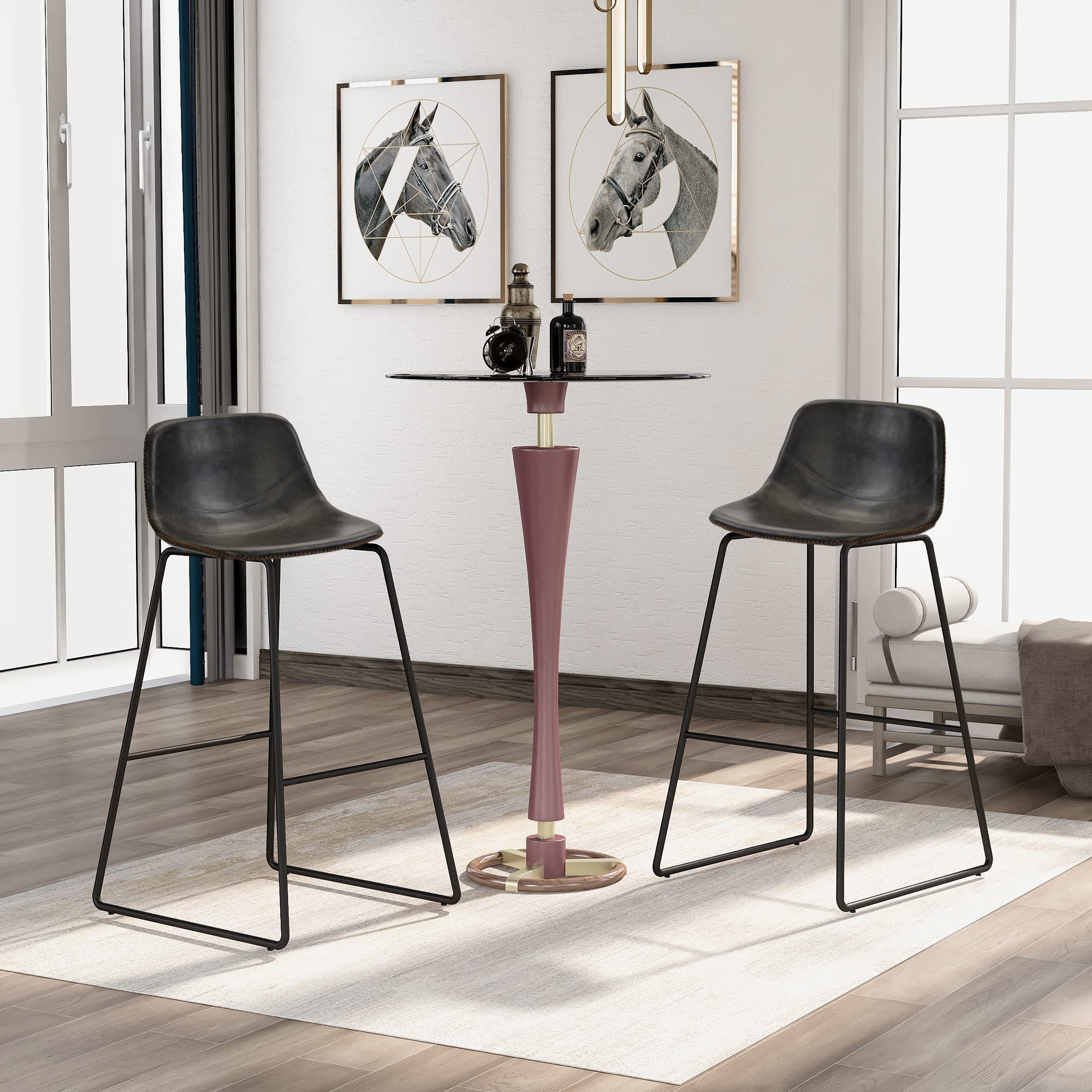 Vintage Leather Bar Stools Set of 2 with Metal Legs - Low Back Footrest Counter Height Stools for Small Spaces (Grey) | Perfect for Kitchen Islands, Breakfast Bars & Compact Dining Areas