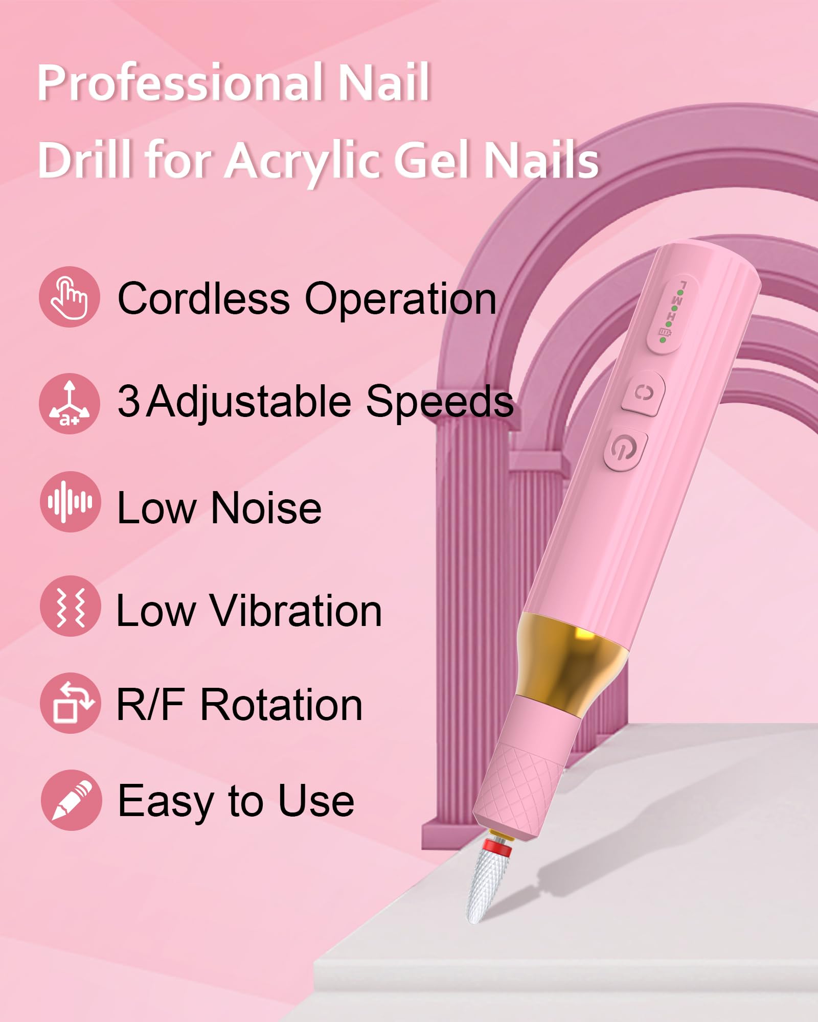 Professional Cordless Electric Nail Drill Kit - Rechargeable Portable Nail File Machine for Gel & Acrylic Nails, Home Salon Manicure Pedicure Tools (Pink) | Perfect for DIY Nail Art, Salon Professionals & At-Home Beauty Care