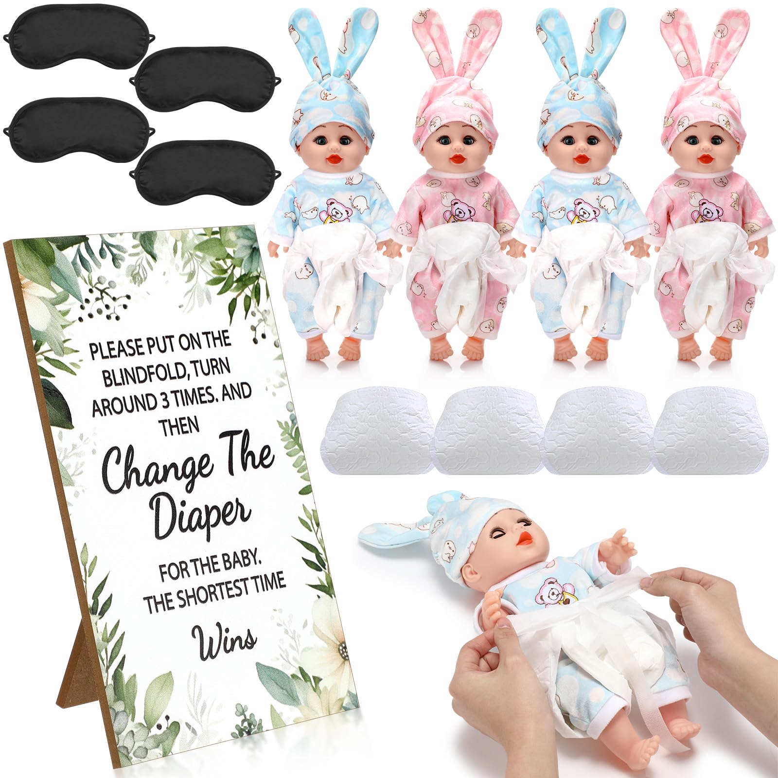 CozyPower 13-Piece Baby Doll Diaper Changing Set - 4 Realistic Baby Dolls for Diaper Change Race Game, Baby Shower Activity with Blindfold & Sign (Greenery Theme) | Perfect for Toddler Pretend Play, Kids Birthday Parties & Baby Shower Games