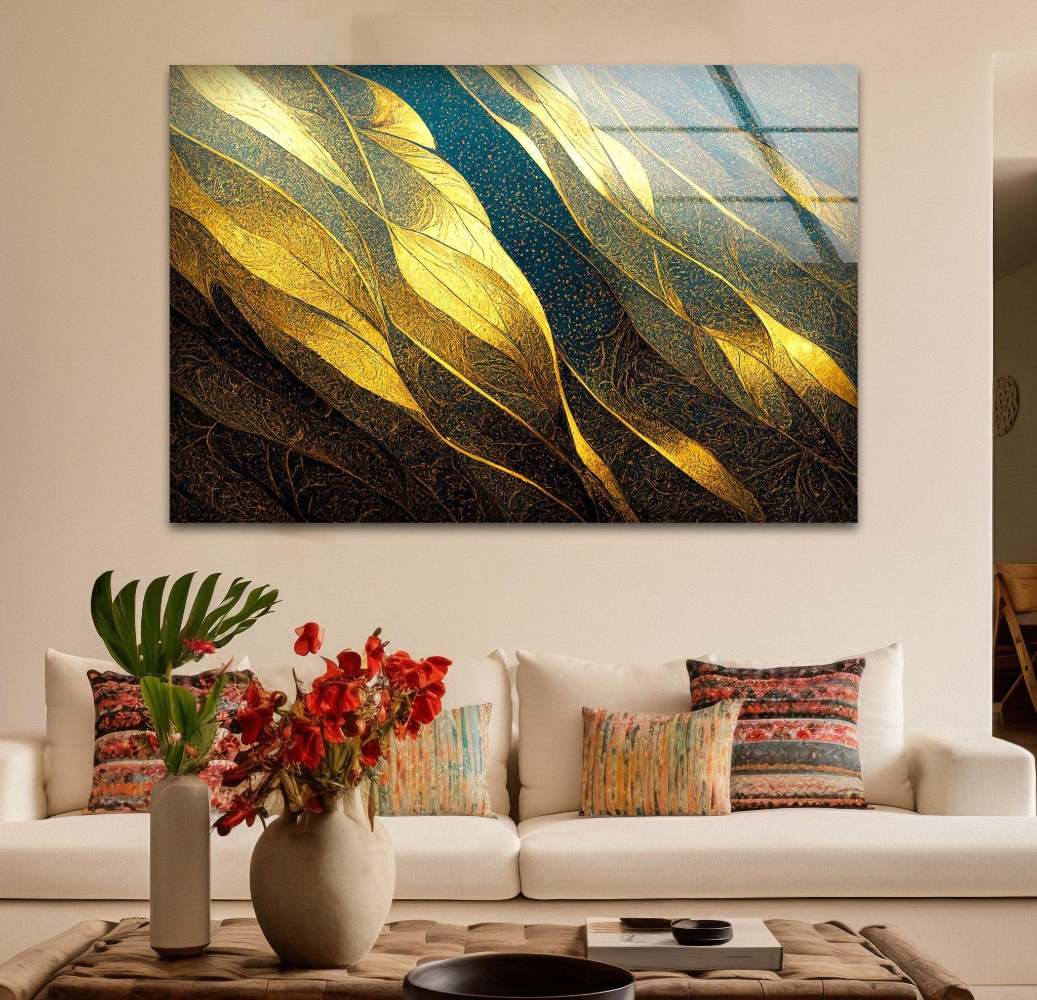 Abstract Decorative Golden Elegant Glass Wall Art - Modern Home Decor for Living Room, Bedroom & Office | Handcrafted Glass Panel for Stylish Interior Design