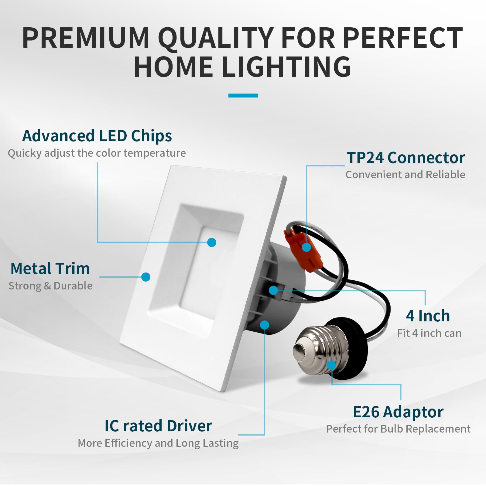 6 Pack 4 Inch 5 CCT Selectable Color Temperature LED Square Recessed Downlight - Retrofit LED Can Lights, 75W Incandescent Equivalent, 750LM, Energy Star Certified - Perfect for Kitchens, Living Rooms & Bedrooms