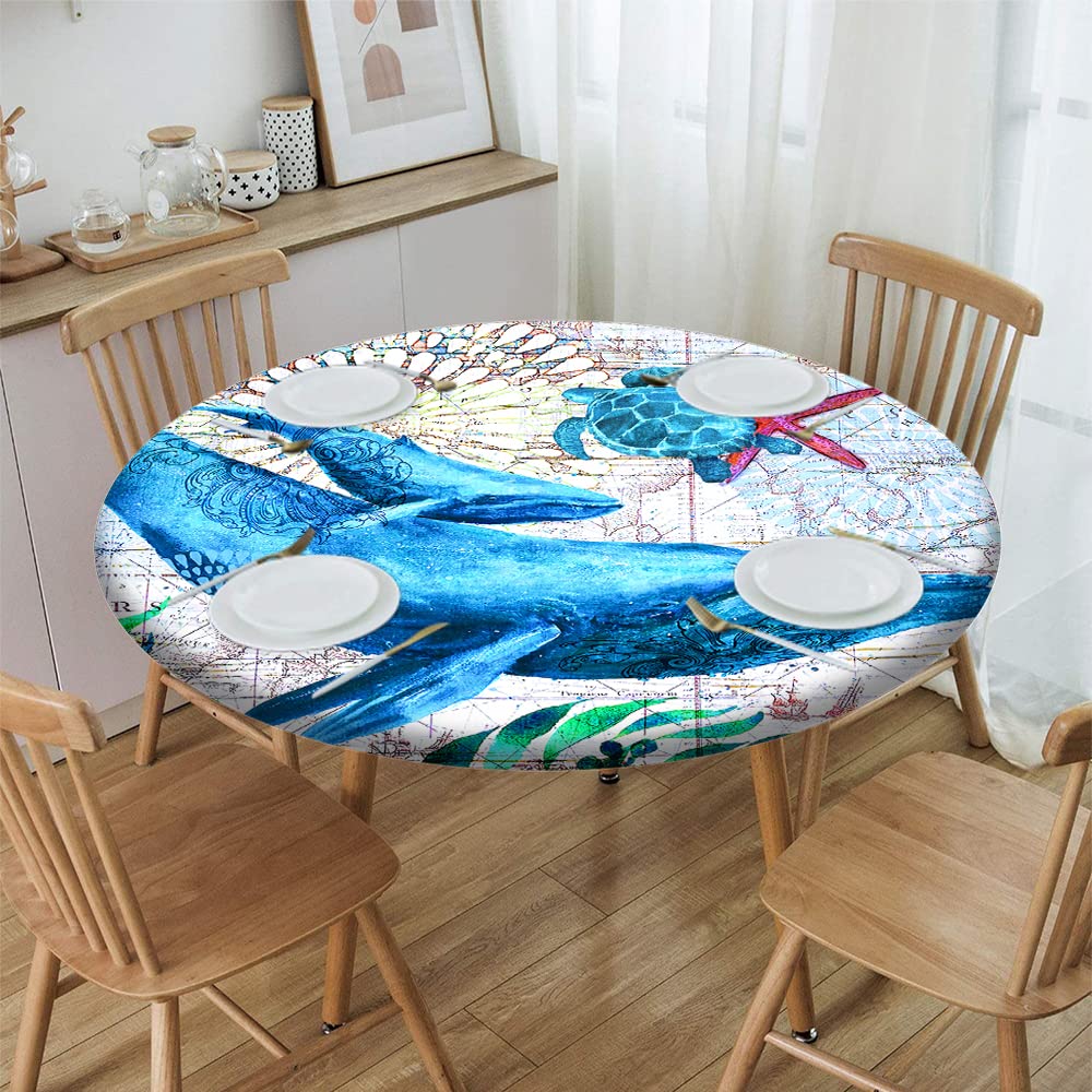 Whale & Sea Turtle Themed Elastic Edge Round Tablecloth - Stretch Fits 28