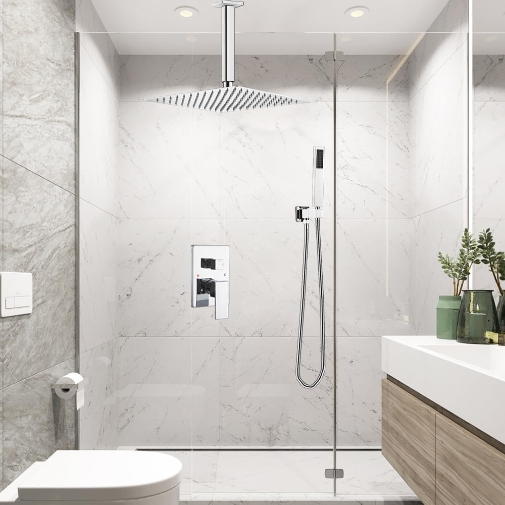 Polished Chrome 12 Inch Rain Shower Head with Handheld - Luxury High Pressure Shower System Combo Set (Ceiling Mount, Rough-in Valve & Trim Included) - Perfect for Modern Bathrooms & Spa-Like Shower Experience