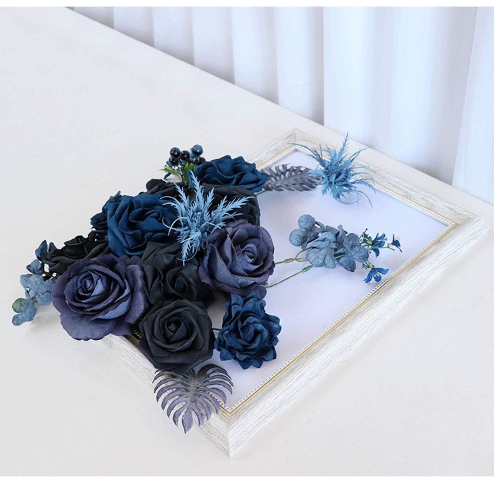 Blue and Black Artificial Rose Flower Box - Wedding Bouquet, Bridal Shower, Party Decor, Valentine's Day Gift - Perfect for Home Decoration, Wedding Centerpieces & Photo Frame Ornamental Flowers