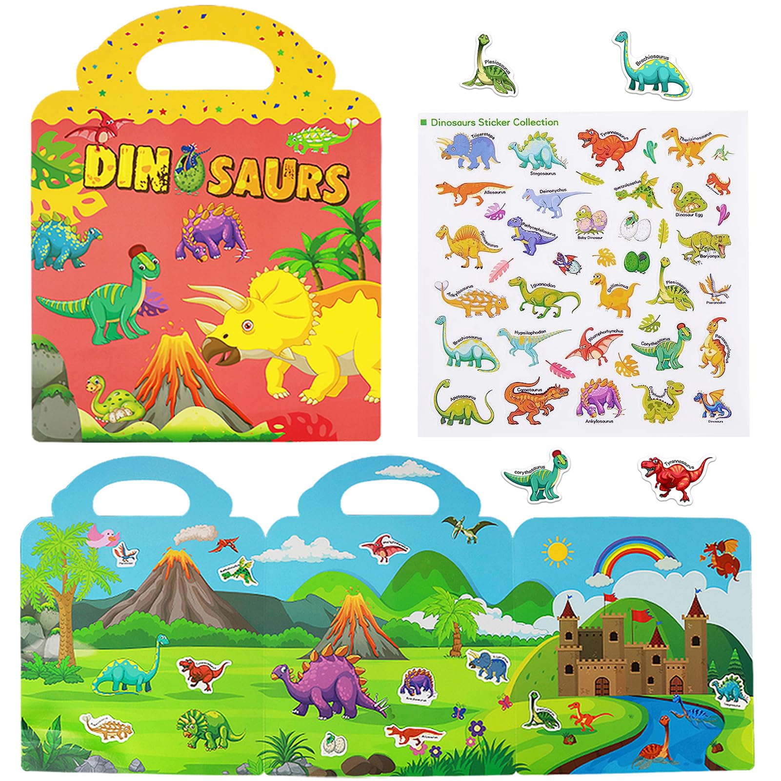 Reusable Sticker Books for Kids - Dinosaur Sticker Activity Books for Toddlers Ages 3-5, Educational Learning Toys for Boys & Girls, Perfect Birthday Gifts & Travel Entertainment for Preschoolers