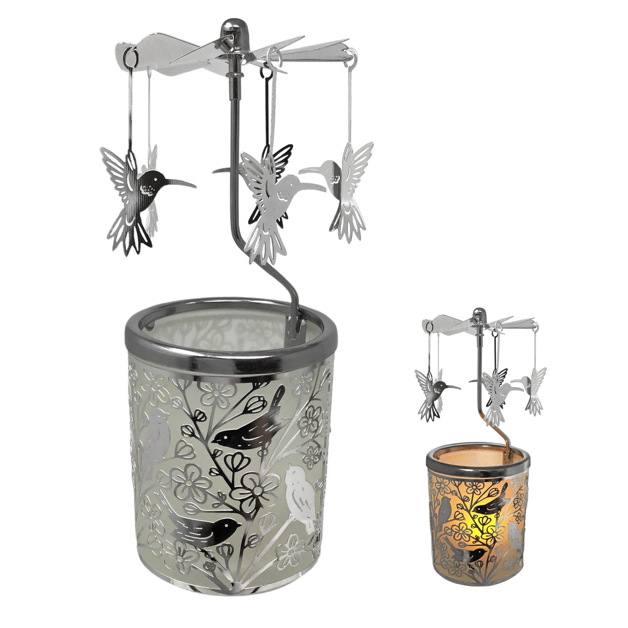 Spinning Hummingbird Candle Holder - Silver Birds Rotate Around Frosted Glass, 6.25