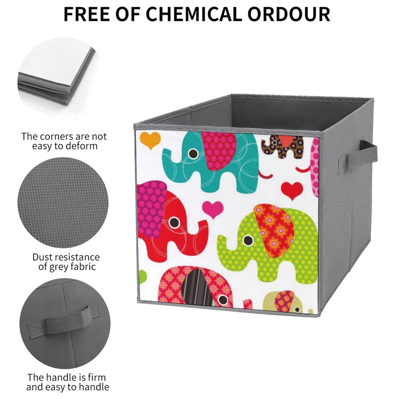 Colorful Elephant Print Foldable Storage Bins 6-Pack - 10.6x10.6x10.6 Inch Collapsible Cube Organizers with Handles for Closet, Shelves, Kids Room & Toy Storage