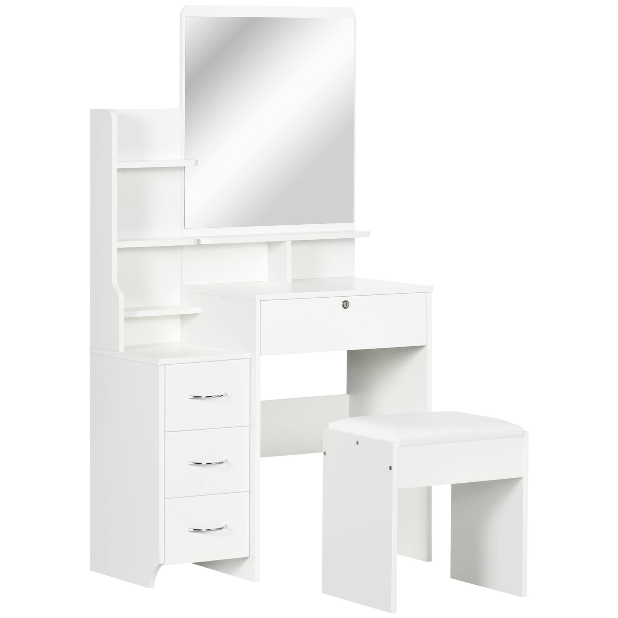 Modern White HOMCOM Makeup Vanity Table with Stool, Mirror & 4 Drawers - 80x38x143cm Beauty Dressing Table with Storage Compartments - Perfect for Bedroom, Dorm Room & Home Salon Organization