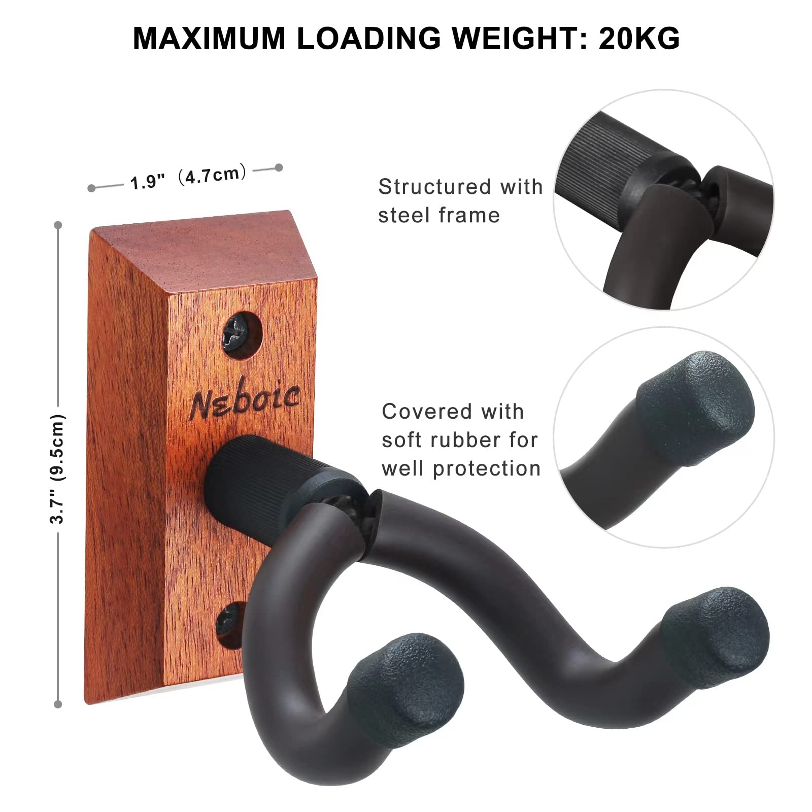 3 Pack Wooden Guitar Wall Mount Hangers - Heavy Duty Hooks for Acoustic, Electric, Bass, Ukulele, Banjo, Mandolin - Perfect for Home, Studio & Music Room Organization
