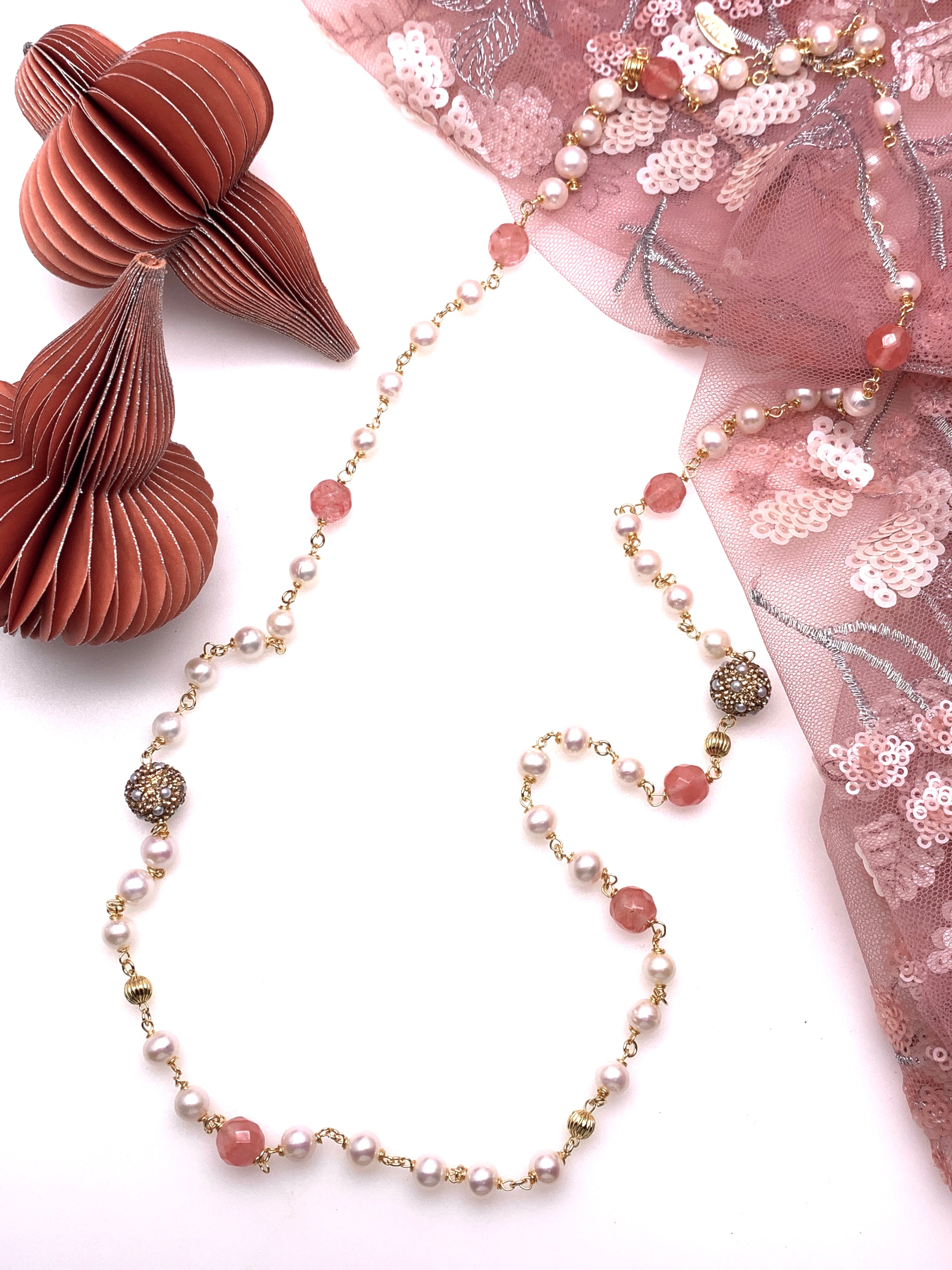 Elegant Freshwater Pearl & Watermelon Quartz Long Necklace GN004 - Perfect for Weddings, Parties & Special Occasions