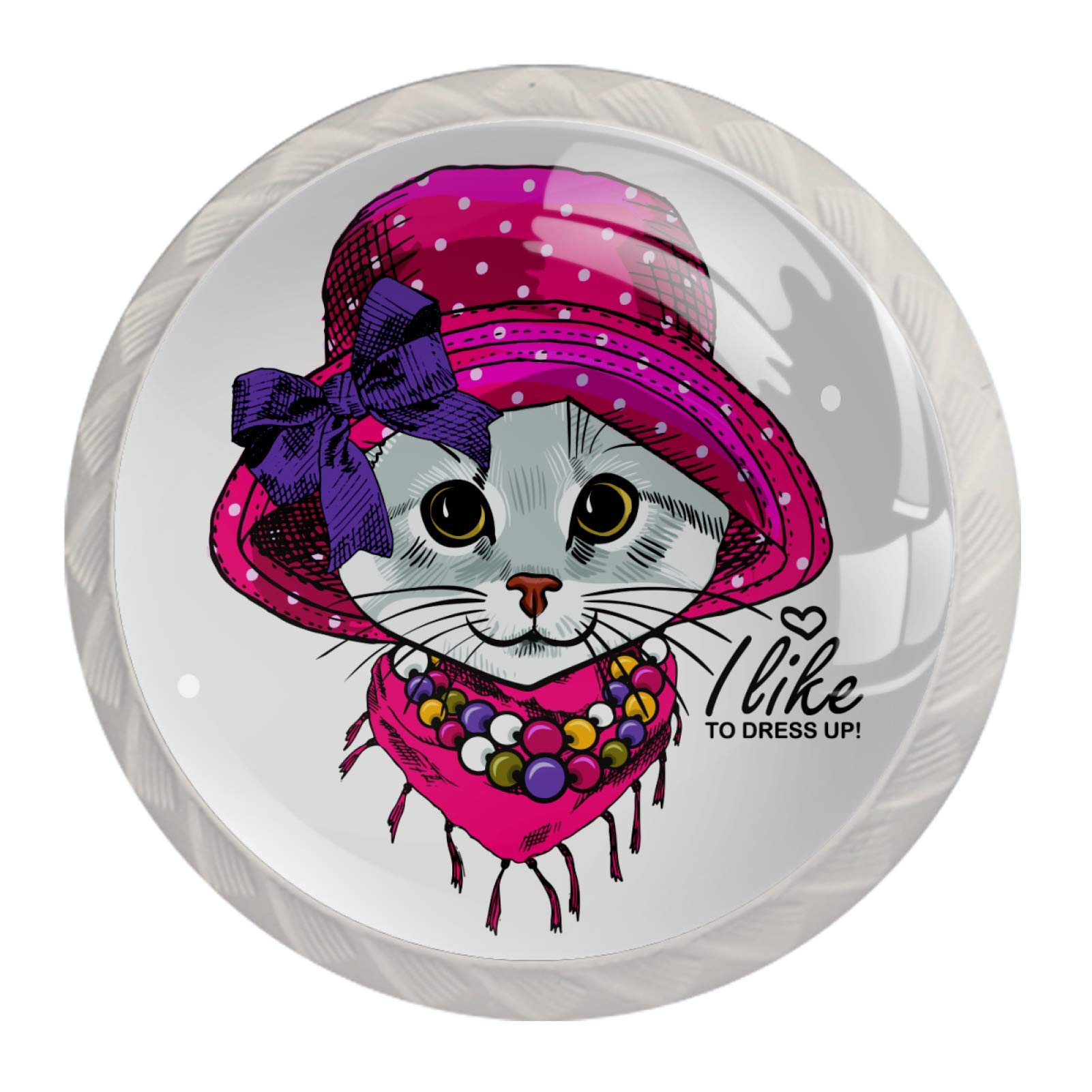 DEYYA 4-Piece Cat in Red Hat Bow Knob Set - Colorful Feather Glass Cabinet Handles (30mm) for Kitchen Cabinets, Dressers, Wardrobes - Perfect for Vintage Home Decor & Kids Room Furniture Upgrade