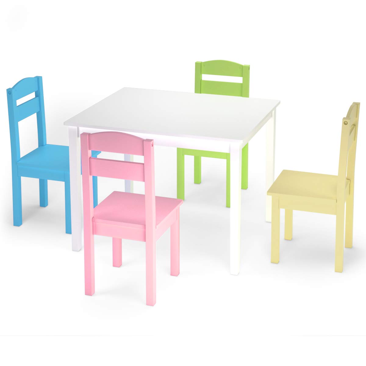 LDAILY Moccha 5-Piece Kids Wooden Table and Chair Set - Colorful Children's Dining Table with 4 Sturdy Backrest Chairs - Perfect for Playroom, Learning Activities, Indoor Picnic & Toddler Mealtime