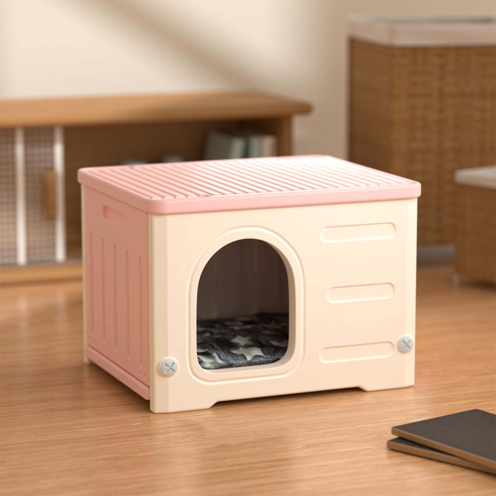 **Waterproof Stackable Cat House for Indoor & Outdoor Use - Winter Weatherproof Shelter with Scratching Board & Cushion (Pink) - Perfect for Feral Cats, Pet Beds & Cozy Hideaways**