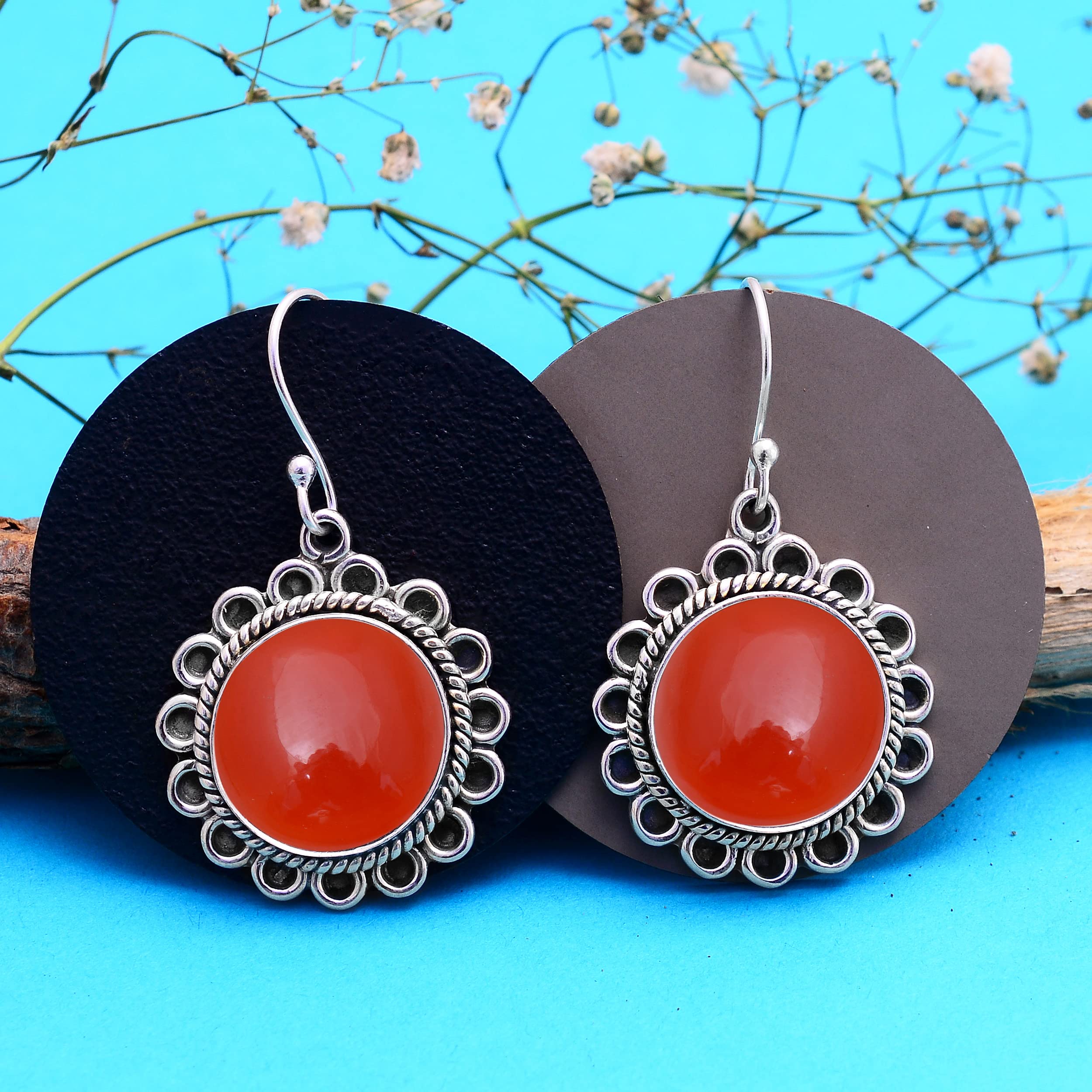 Veracity Jewelry Carnelian Earrings for Women - 925 Sterling Silver Dangle Earrings with Orange Red Carnelian Gemstone - Handmade Boho Chic Jewelry - Perfect for Weddings, Parties & Everyday Wear (VSE-375)