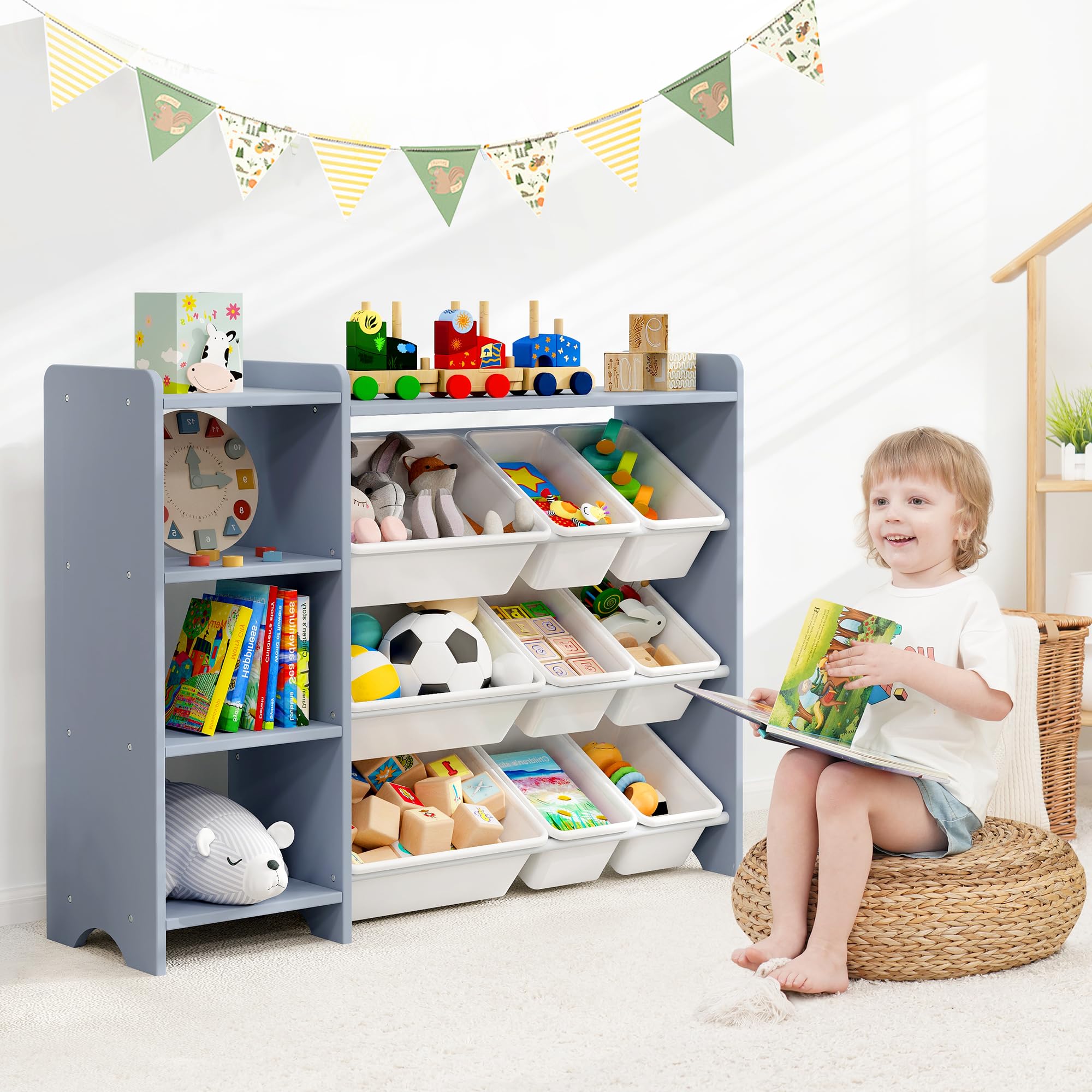 MallBest 4-Tier Kids Toy Storage Organizer Shelf - 100% Solid Wood Children's Storage Cabinet with 9 Plastic Bins & 3 Storage Ports, Grey - Perfect for Nursery, Playroom & Classroom Organization