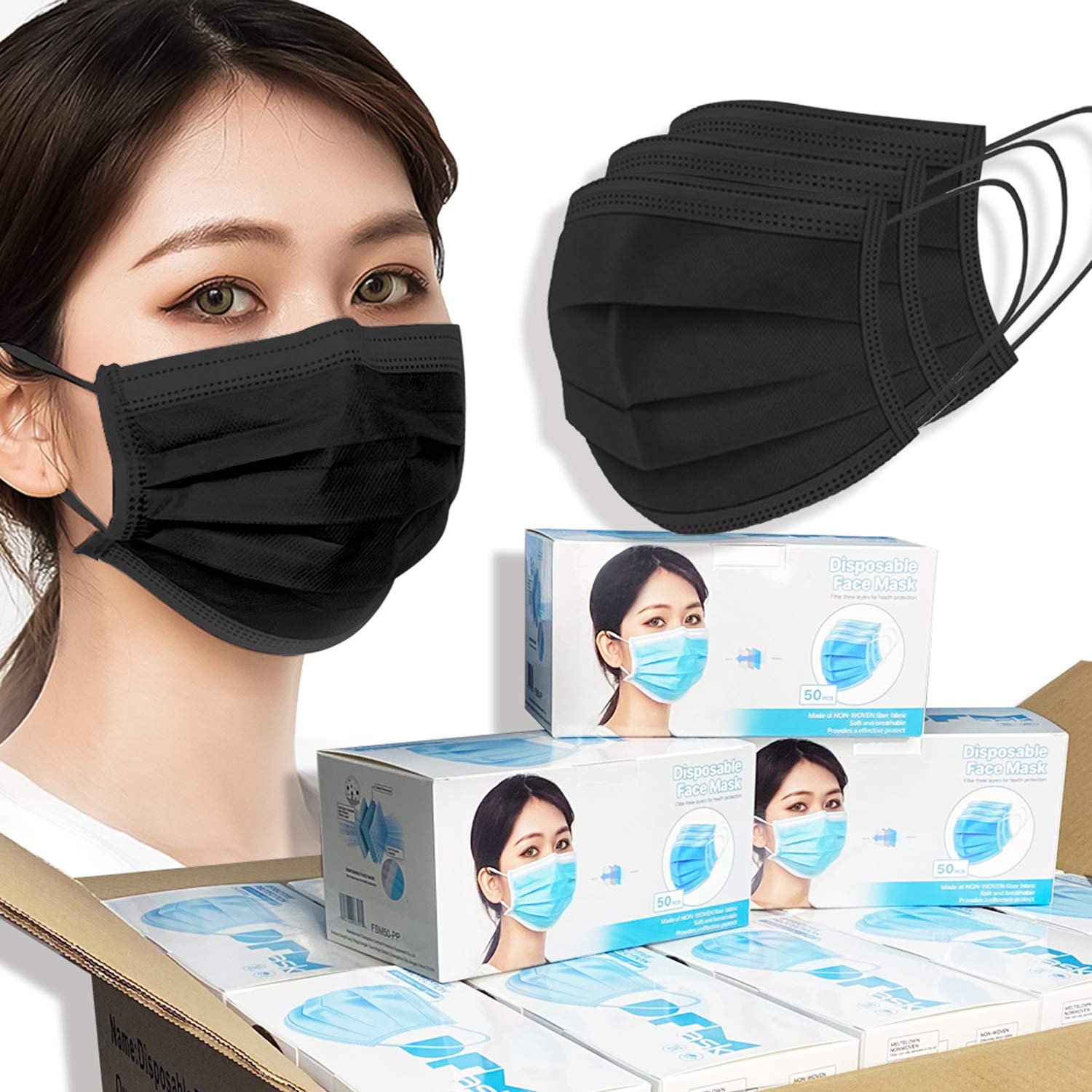 2000 Pcs Disposable Face Masks, 3-Ply Filter Protection, Breathable Earloop Design, Non-Medical Black Face Cover - Ideal for Daily Use, Travel, Work & Public Safety (Black, 2000 Count)