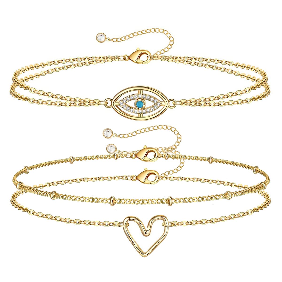 14K Gold Plated Evil Eye & Infinity Heart Link Bracelet Set for Women - Adjustable Paperclip Layered Chain Bracelets for Girls - Perfect for Everyday Wear, Gifts & Layered Stacking
