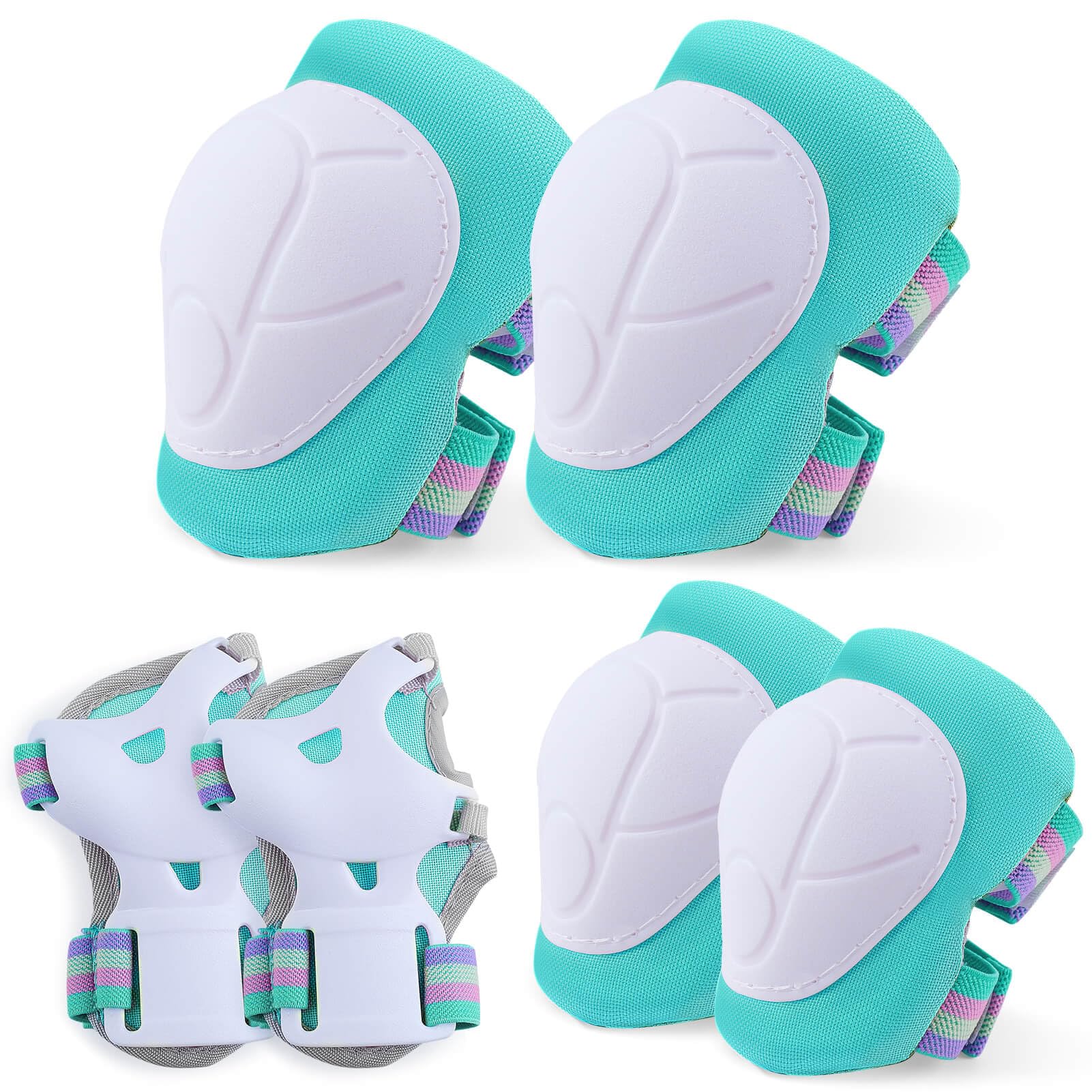 FIODAY Kids Knee and Elbow Pads Set with Wrist Guards - Adjustable Protective Gear for Boys & Girls (3-8 Years) - Ideal for Inline Skating, Biking, Skateboarding & Scooter Riding - Aqua Green - Safety Gear for Active Children