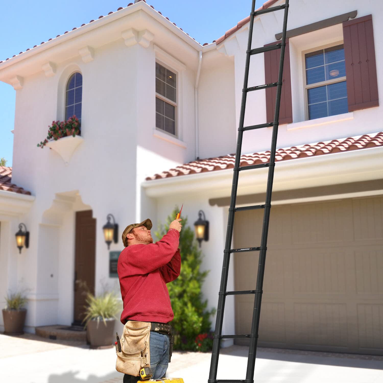 16.5FT Telescoping Ladder with Slow Release Safety Lock - 300LBS Capacity Anti-Slip Lightweight Aluminum Extension Ladder - Adjustable Height for Home, Roof, RV & Outdoor Use - Easy to Carry & Store - Black