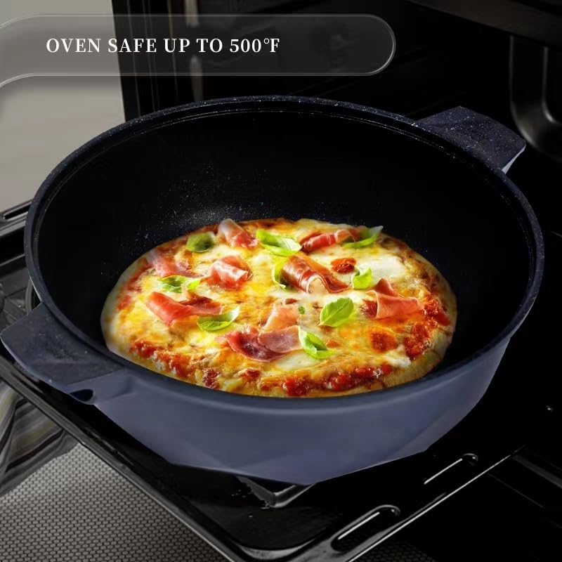 TIBORANG 8-in-1 Nonstick Deep Fry Pan with Glass Lid - 11 Inch 5 Quart Multi-Purpose Cookware, Heat Indicator, Stay-Cool Handle, Steamer Grid, PFOA-Free, Dishwasher & Oven Safe - Works with All Stovetops (Navy Blue) - Perfect for Frying, Steaming, Sautéing, and More in Your Kitchen