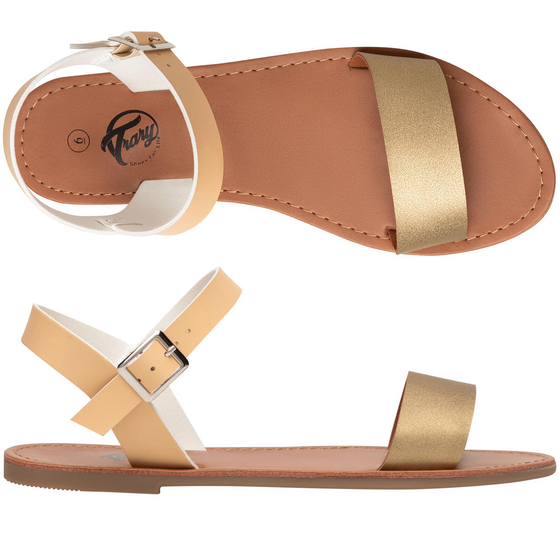 Stylish Women's Leather Gladiator Sandals with Adjustable Metal Buckle - Comfortable Flat Summer Sandals for Weddings & Dressy Occasions | Open Toe Two-Tone Design with Ankle Strap - Perfect for Beach Vacations, Date Nights and Outdoor Events