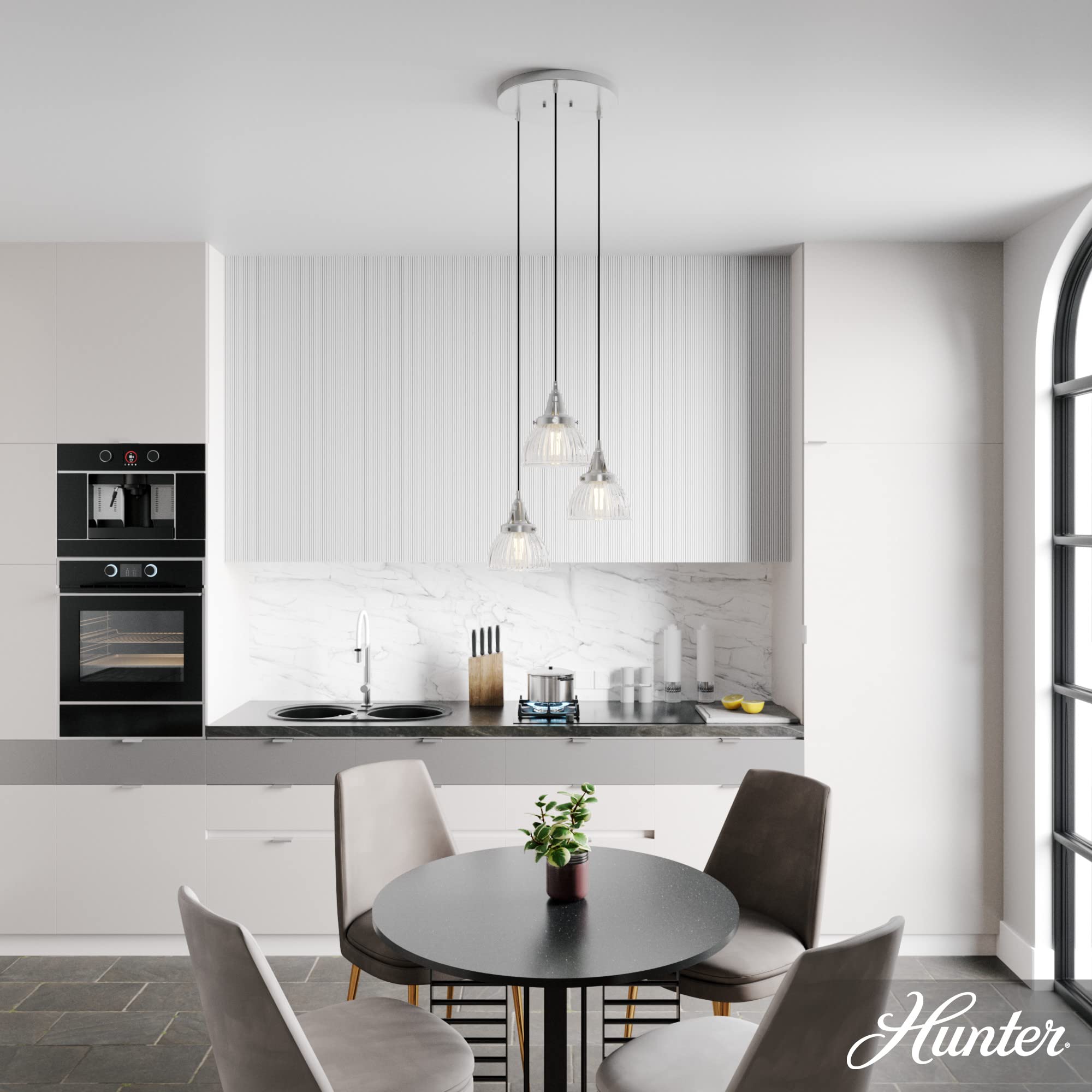 Hunter Cypress Grove 3-Light Brushed Nickel Cluster Chandelier - Dimmable Transitional Round Ceiling Light for Bedroom, Kitchen, Dining & Living Room - Perfect for Modern Farmhouse & Coastal Decor (Model 19325)