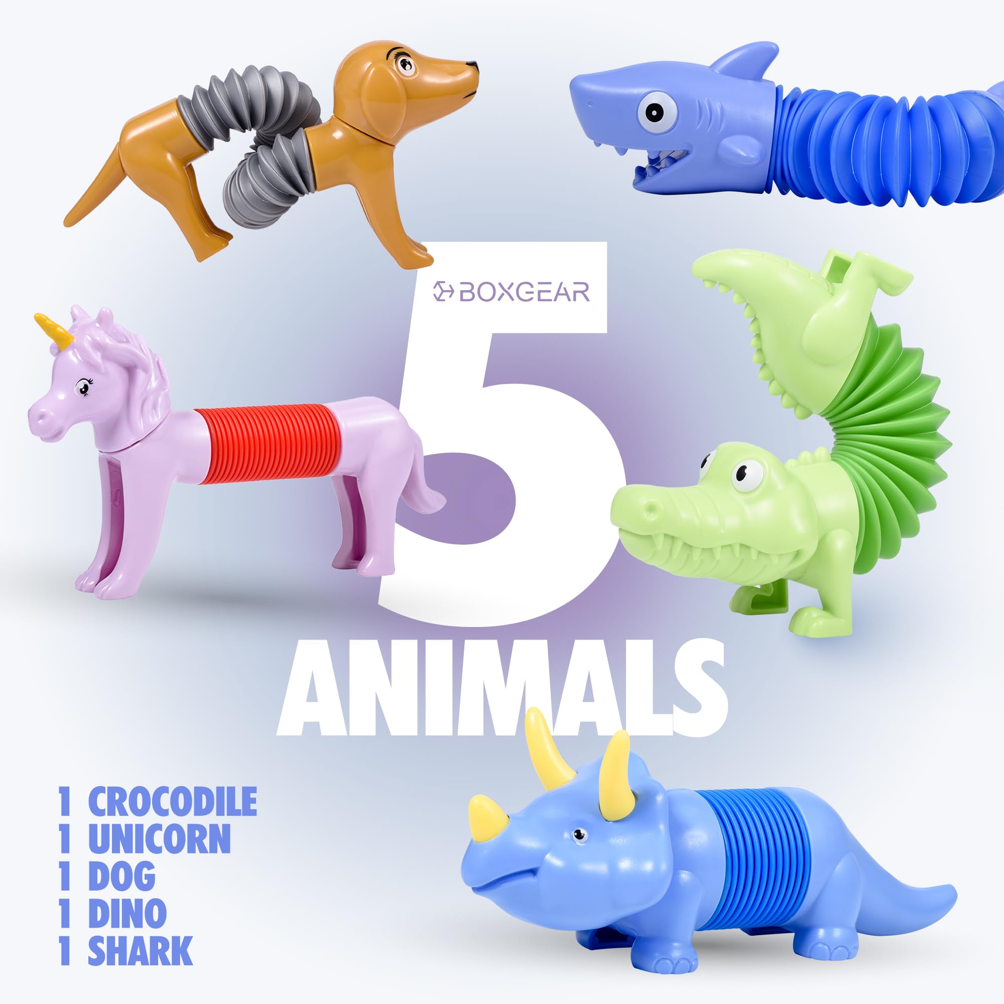 **Boxgear 5-Pack Mixed Animal Pop Tubes - Cute Sensory Fidget Toys for Kids, Stress Relief & Anxiety Relief with Popping Sounds - Fun Spring Toys for Toddlers, Boys & Girls - Perfect for Classroom, Travel, and Home Play**